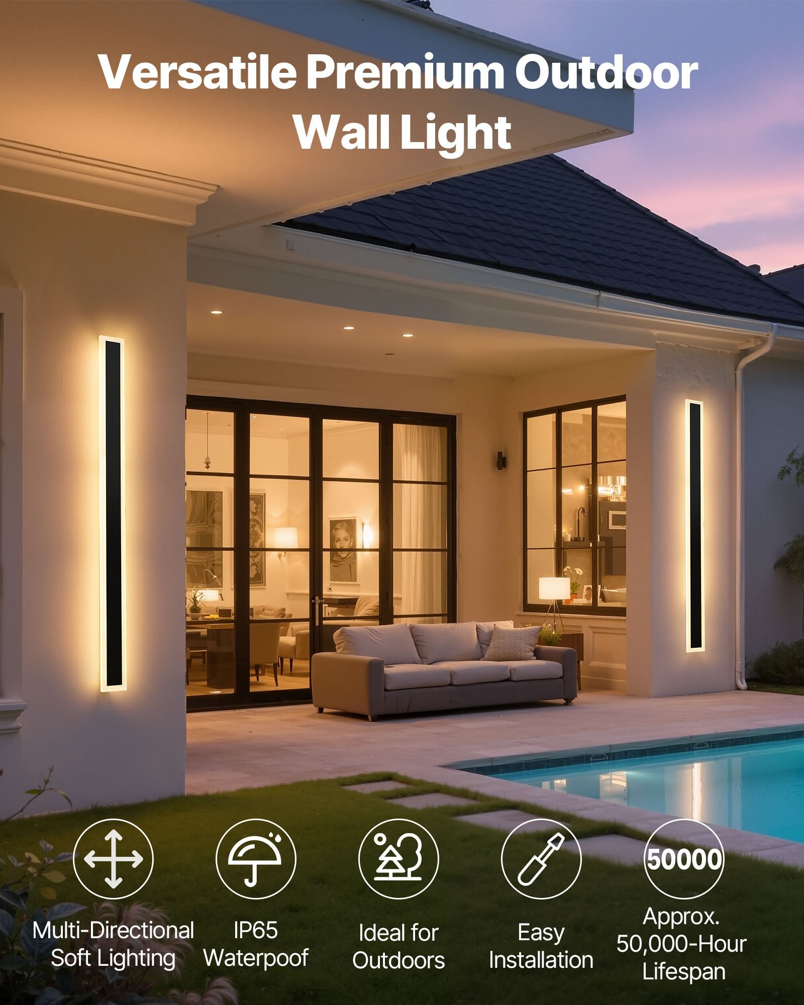 Modern 39.4-Inch Outdoor Wall Sconce Lights, 2-Pack, Waterproof IP65, Warm White 3000K, Anti-Rust Exterior Lighting for House, Porch, Garage