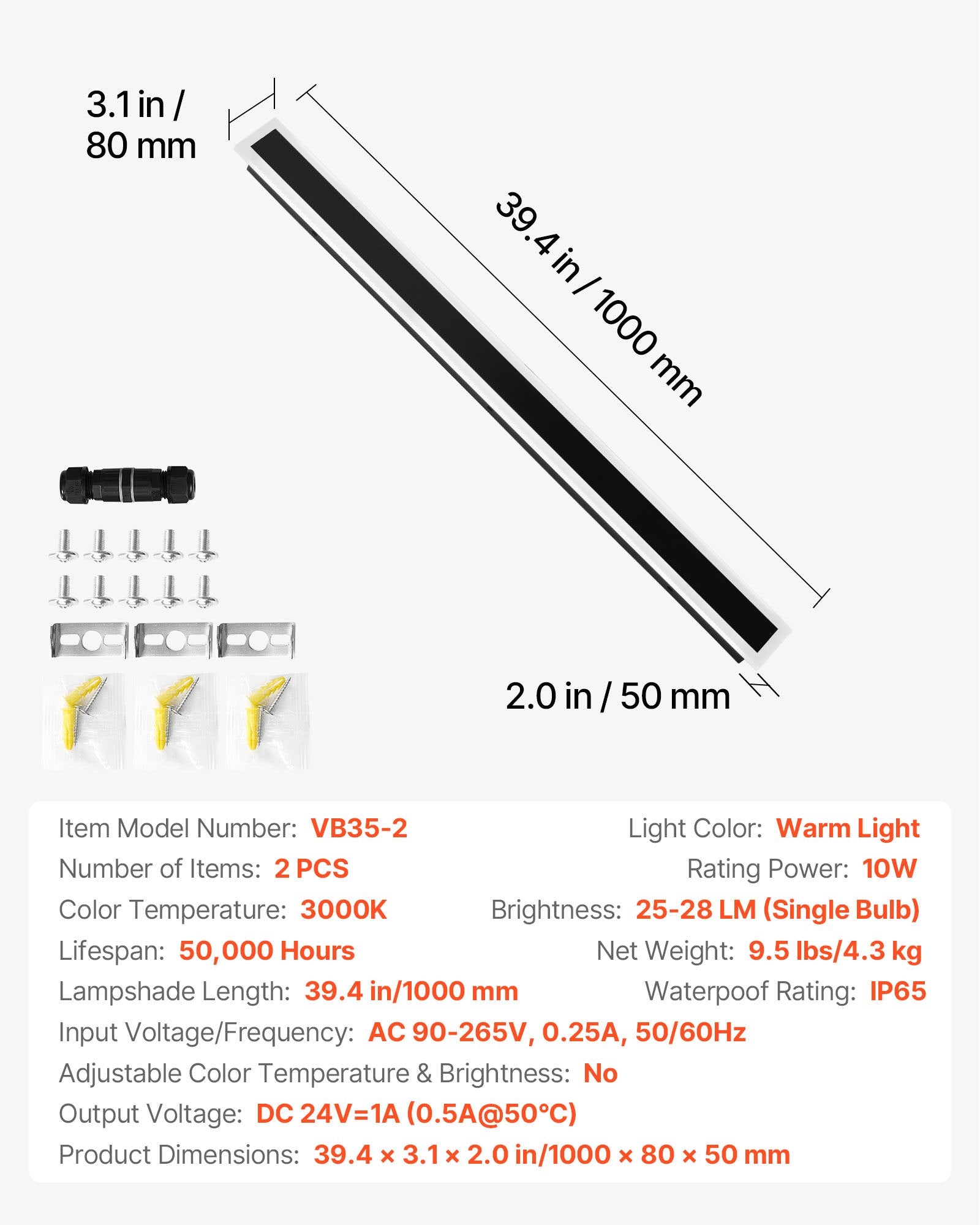 Modern 39.4-Inch Outdoor Wall Sconce Lights, 2-Pack, Waterproof IP65, Warm White 3000K, Anti-Rust Exterior Lighting for House, Porch, Garage