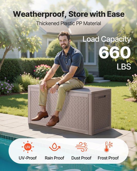 100 Gallon Gray Deck Box for Patio, Waterproof Storage for Garden Tools, Pool Toys, Cushions, with Aluminum Padlock and Seating Option