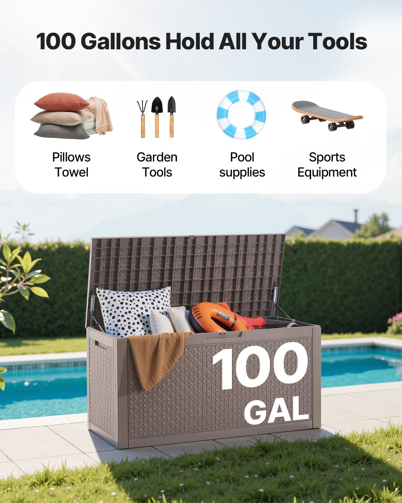 100 Gallon Gray Deck Box for Patio, Waterproof Storage for Garden Tools, Pool Toys, Cushions, with Aluminum Padlock and Seating Option