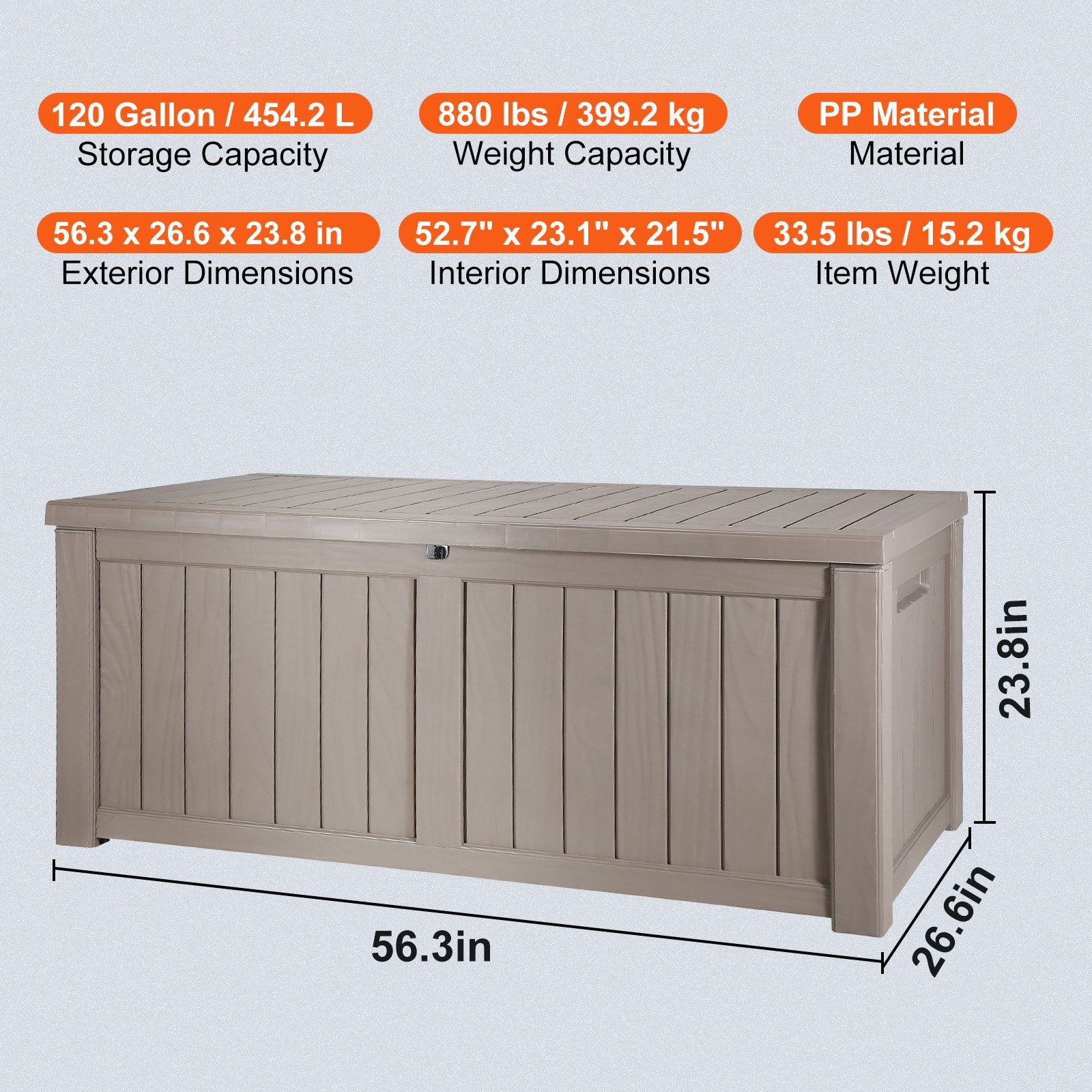 120 Gallon Waterproof Outdoor Storage Box with Aluminum Padlock for Patio, Pool, Garden Tools, Cushions - Durable Deck Box, Extra Seating/Table, Easy Grip Handles