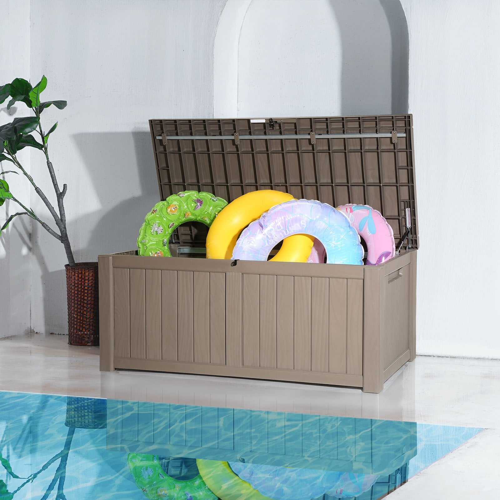 120 Gallon Waterproof Outdoor Storage Box with Aluminum Padlock for Patio, Pool, Garden Tools, Cushions - Durable Deck Box, Extra Seating/Table, Easy Grip Handles