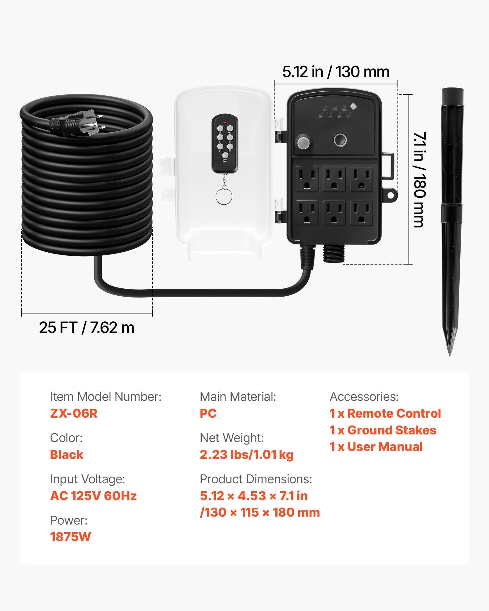 Outdoor Power Stake with 25FT Extension Cord, Weatherproof Strip, Remote & Dusk to Dawn Timer, 6 Outlets for Garden & Holiday Lights