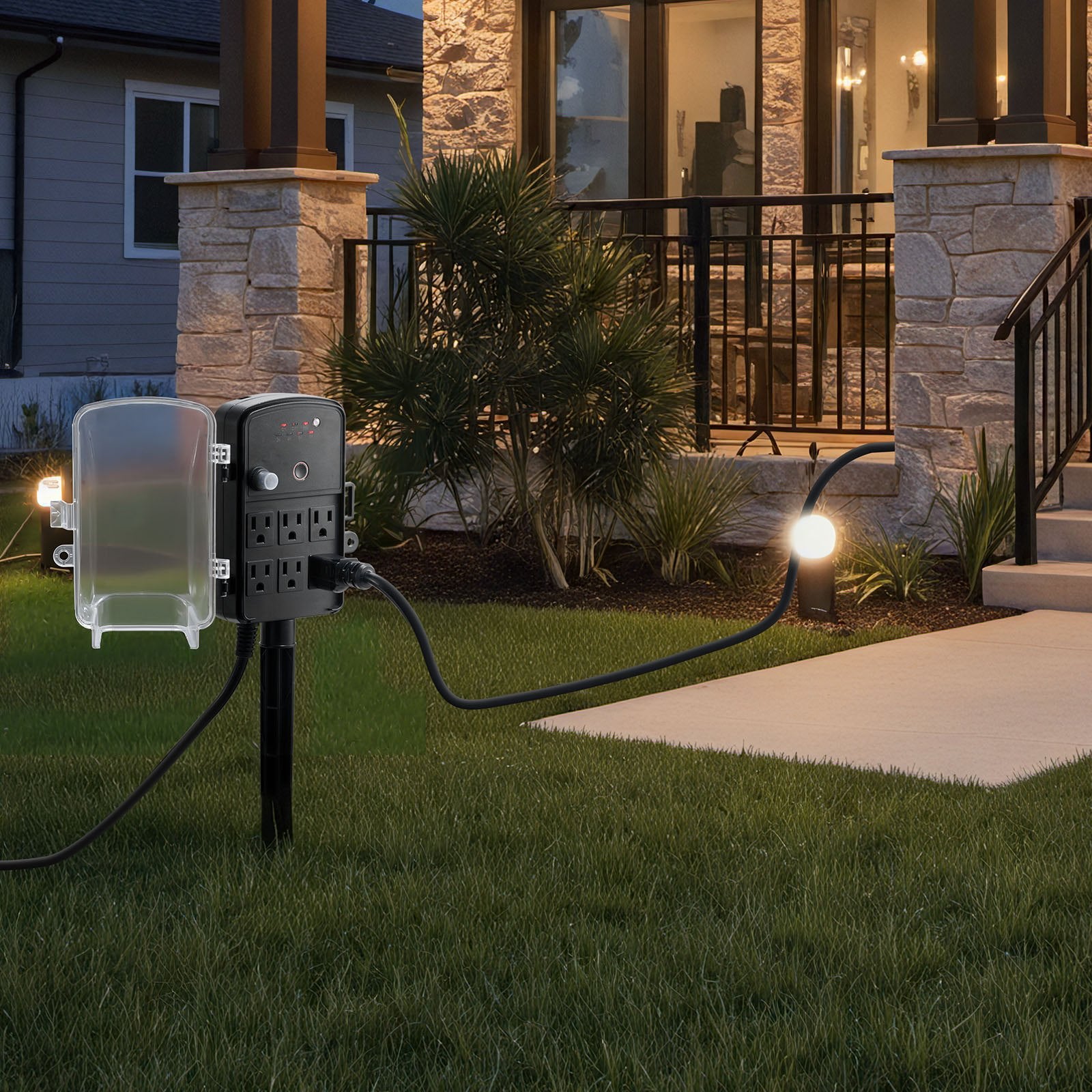 Outdoor Power Stake with 25FT Extension Cord, Weatherproof Strip, Remote & Dusk to Dawn Timer, 6 Outlets for Garden & Holiday Lights