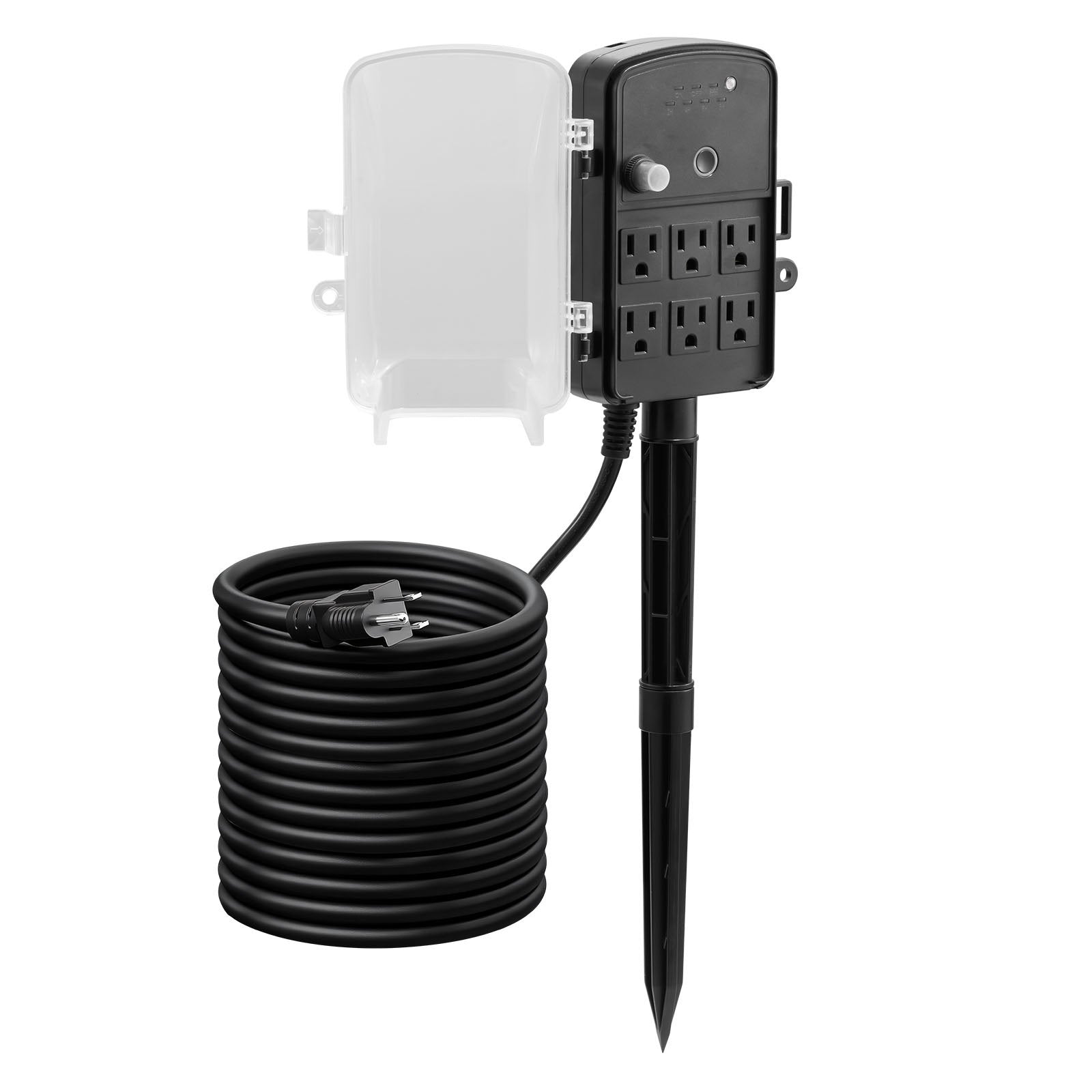 Outdoor Power Stake with 25FT Extension Cord, Weatherproof Strip, Remote & Dusk to Dawn Timer, 6 Outlets for Garden & Holiday Lights