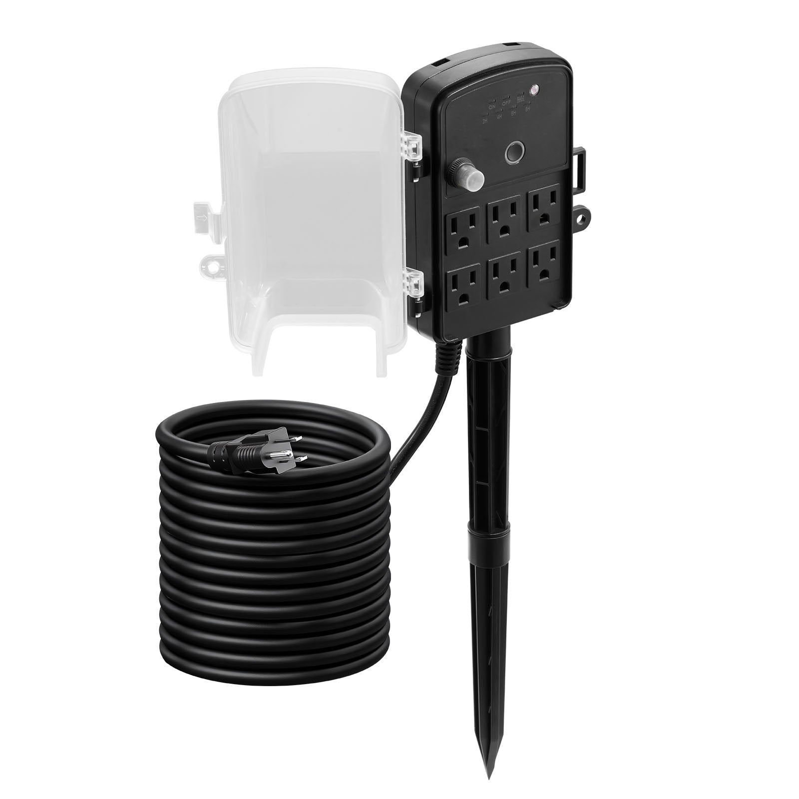 Outdoor Power Stake with 25FT Extension Cord, Weatherproof Strip, Remote & Dusk to Dawn Timer, 6 Outlets for Garden & Holiday Lights