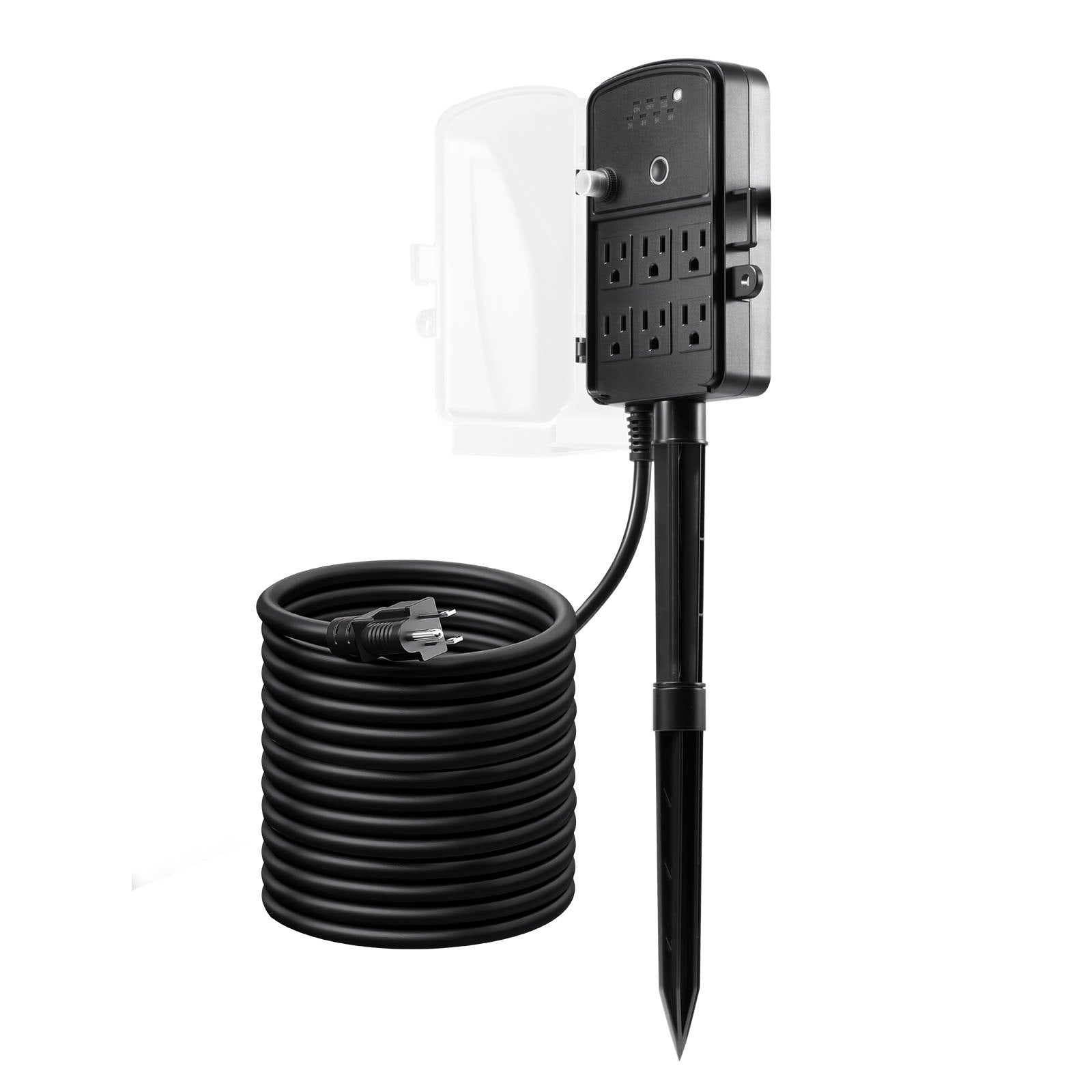 Outdoor Power Stake with 25FT Extension Cord, Weatherproof Strip, Remote & Dusk to Dawn Timer, 6 Outlets for Garden & Holiday Lights