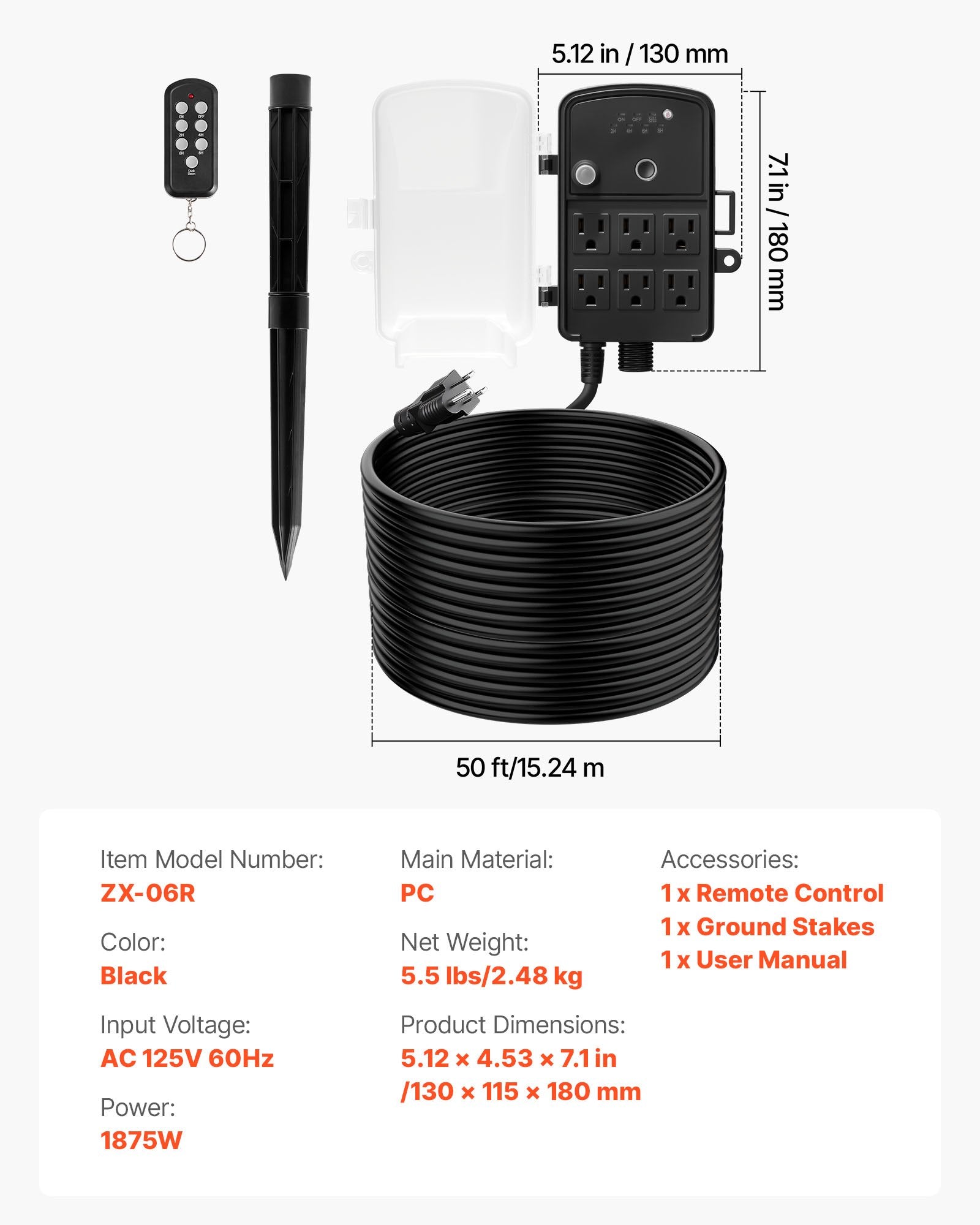 Weatherproof Outdoor Power Stake with 50FT Extension Cord, Remote Timer, 6 Outlets, for Christmas Lights, Garden, Dusk to Dawn, 1875W, 15A
