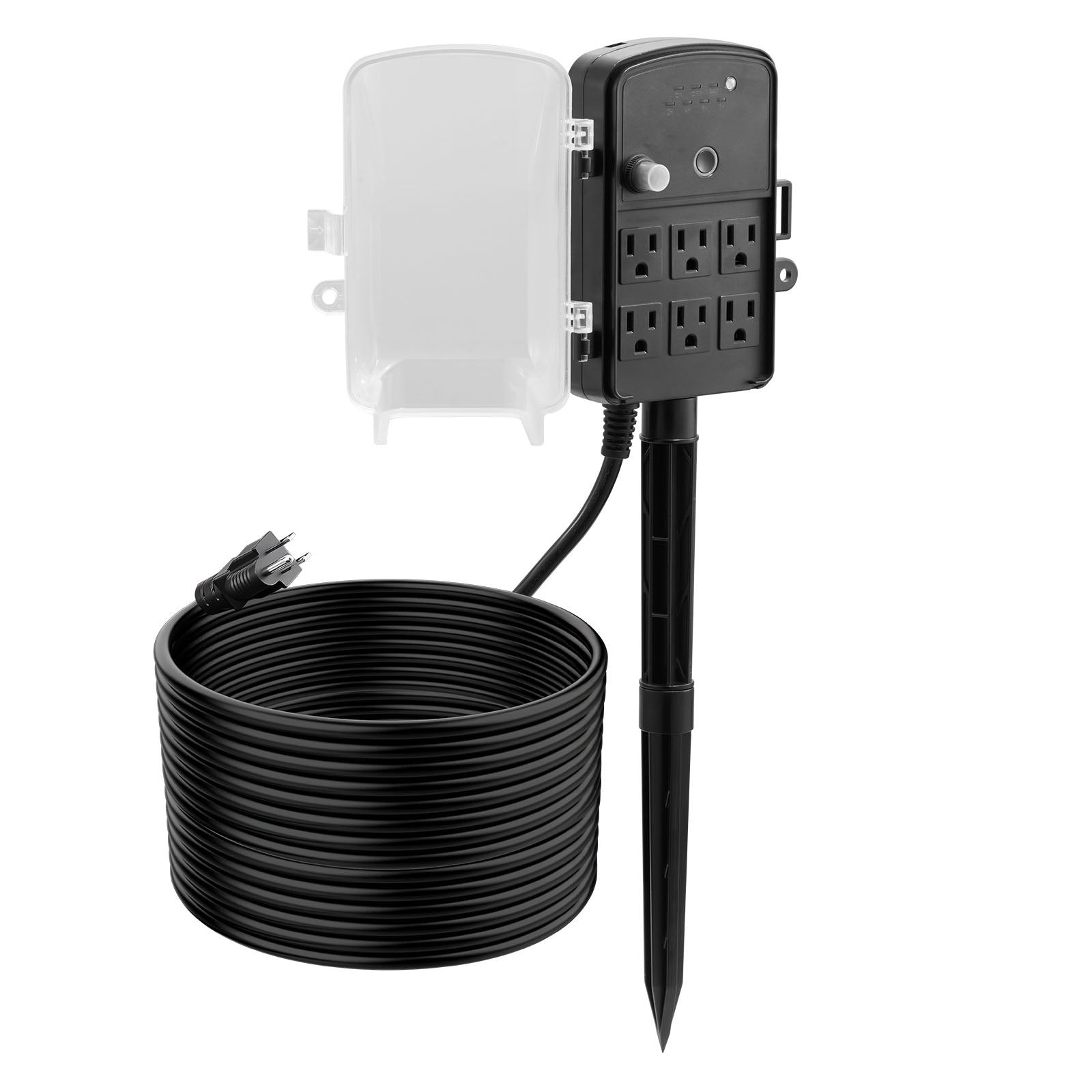 Weatherproof Outdoor Power Stake with 50FT Extension Cord, Remote Timer, 6 Outlets, for Christmas Lights, Garden, Dusk to Dawn, 1875W, 15A