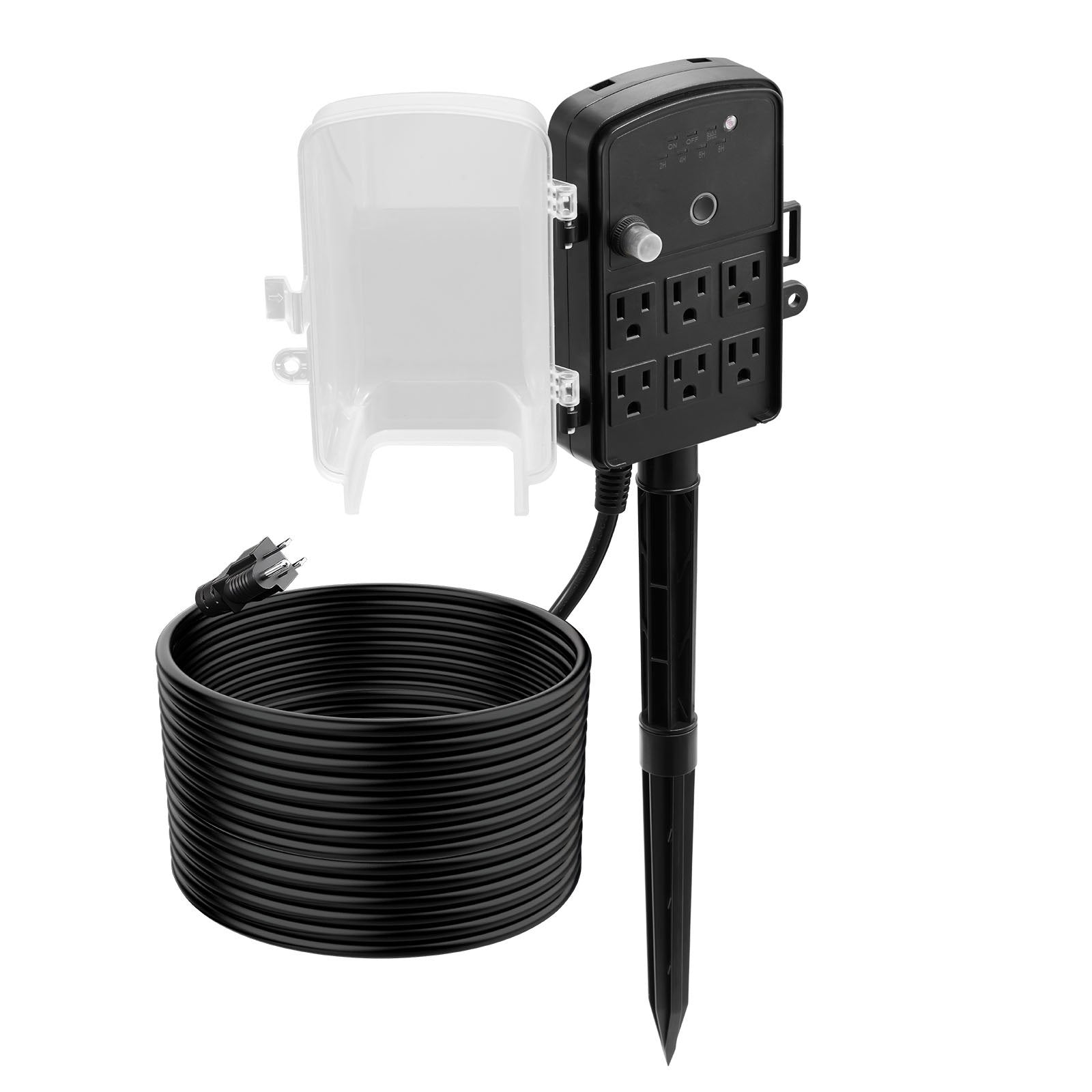 Weatherproof Outdoor Power Stake with 50FT Extension Cord, Remote Timer, 6 Outlets, for Christmas Lights, Garden, Dusk to Dawn, 1875W, 15A