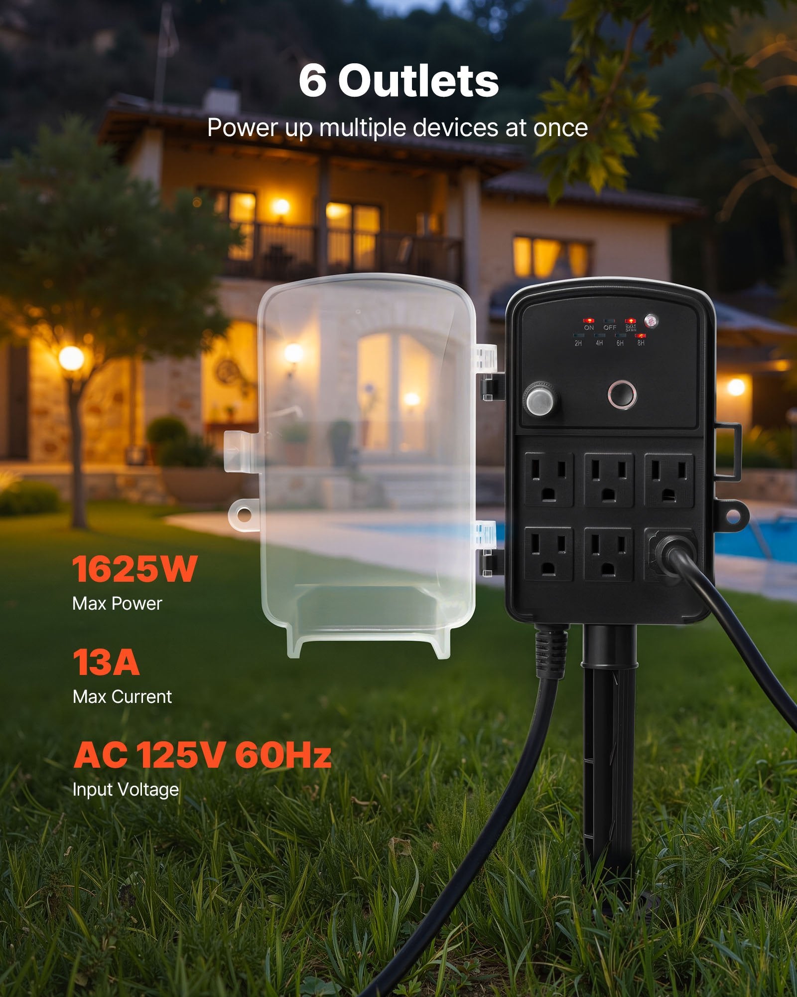 Outdoor Power Stake with 100FT Extension Cord, Weatherproof Strip & Remote Timer, 6 Outlets, 1625W for Christmas Lights & Garden Use
