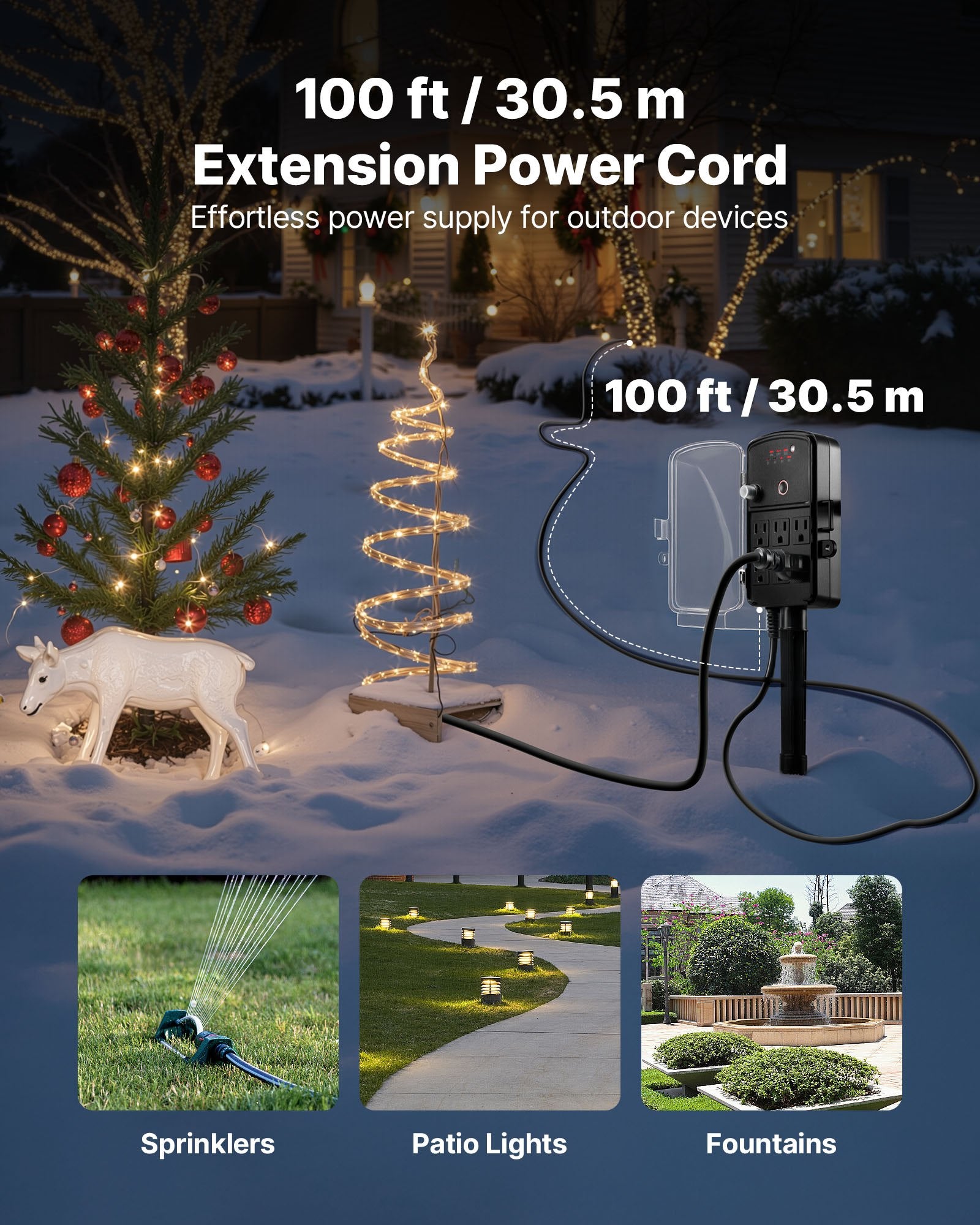Outdoor Power Stake with 100FT Extension Cord, Weatherproof Strip & Remote Timer, 6 Outlets, 1625W for Christmas Lights & Garden Use