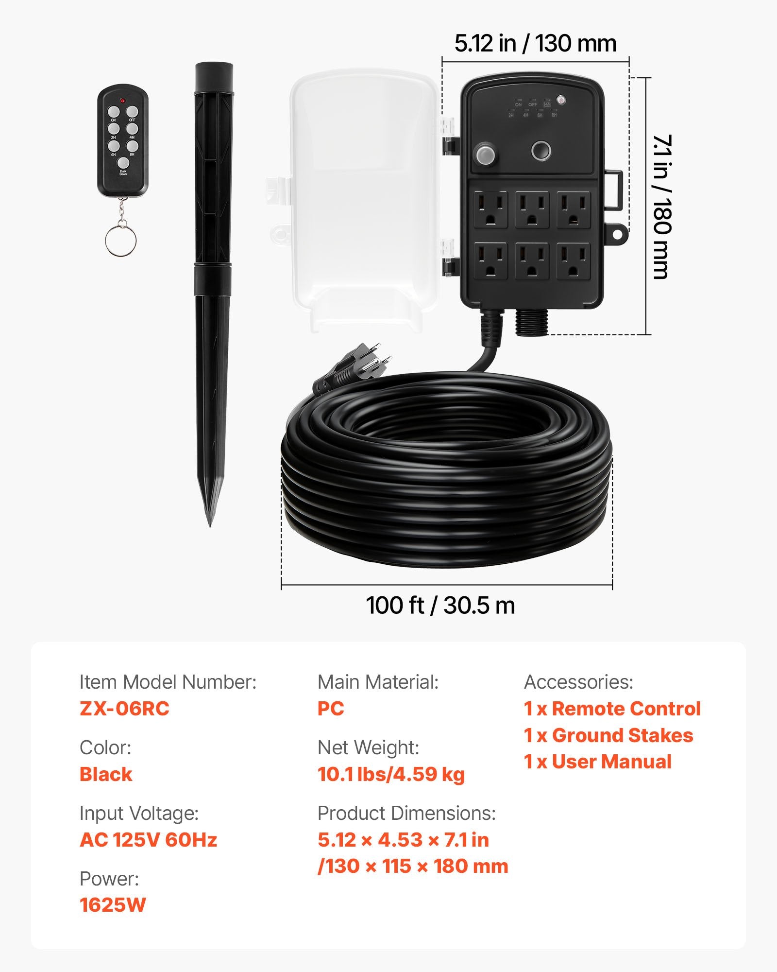 Outdoor Power Stake with 100FT Extension Cord, Weatherproof Strip & Remote Timer, 6 Outlets, 1625W for Christmas Lights & Garden Use