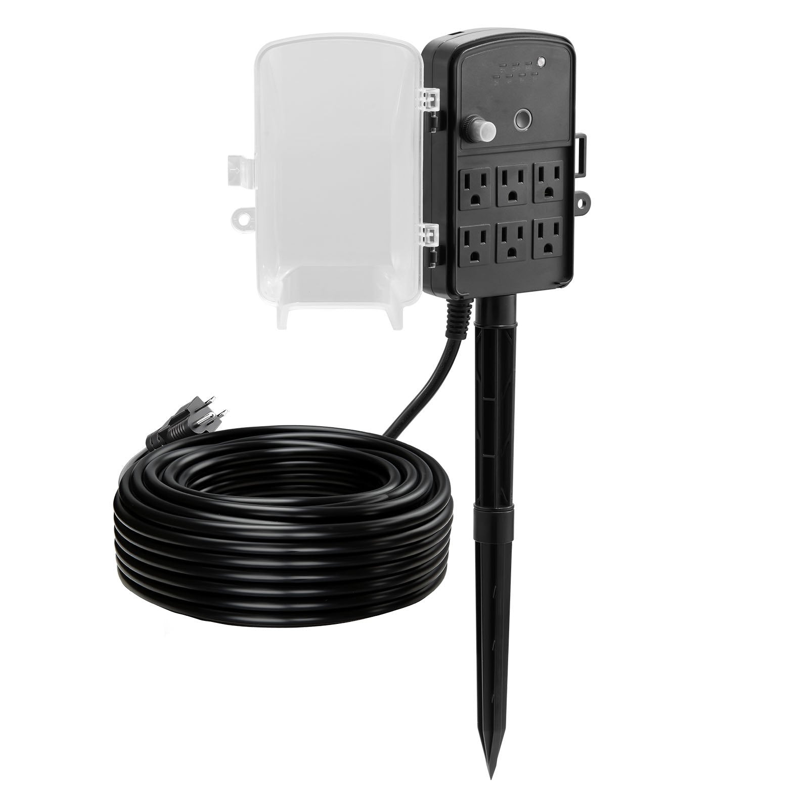Outdoor Power Stake with 100FT Extension Cord, Weatherproof Strip & Remote Timer, 6 Outlets, 1625W for Christmas Lights & Garden Use