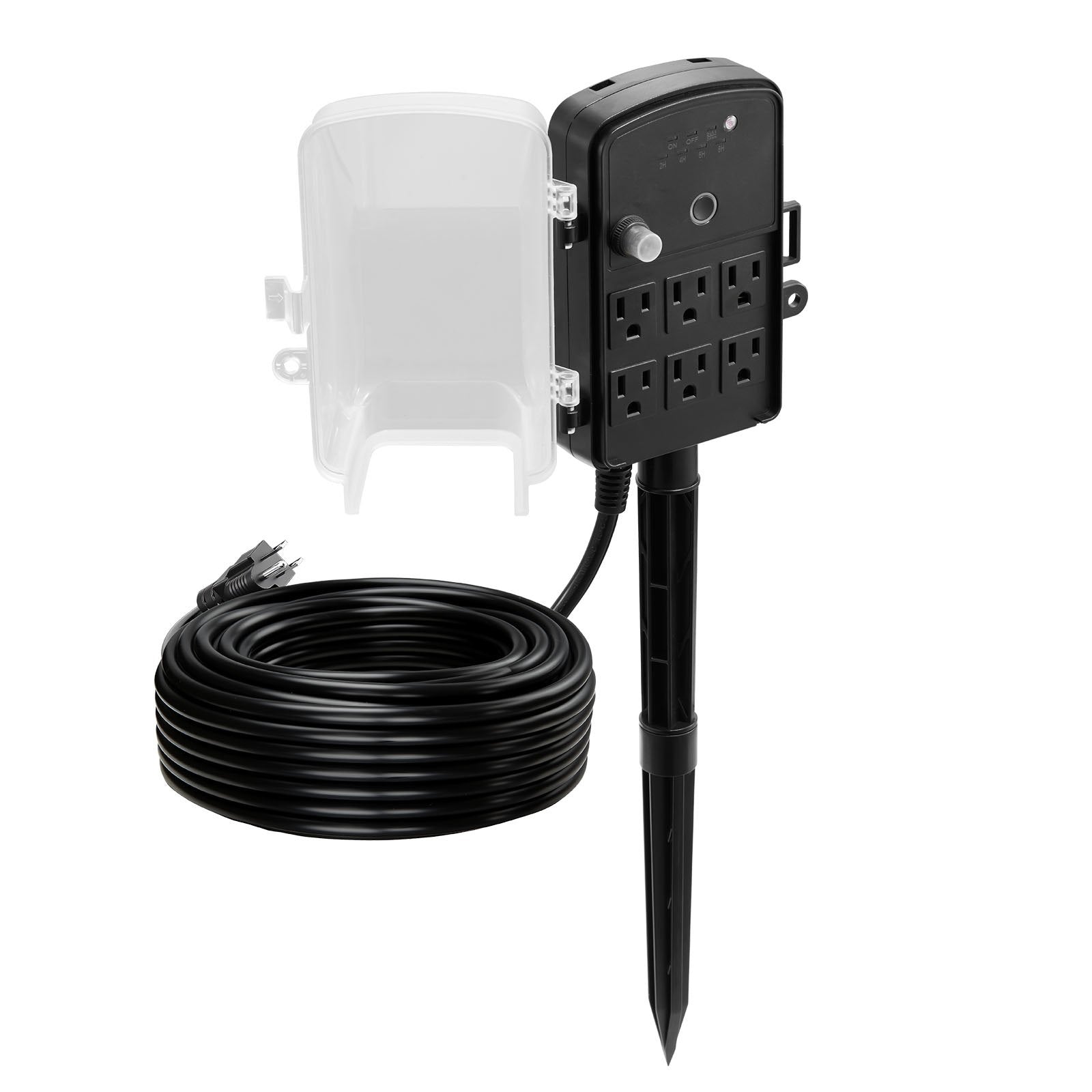 Outdoor Power Stake with 100FT Extension Cord, Weatherproof Strip & Remote Timer, 6 Outlets, 1625W for Christmas Lights & Garden Use