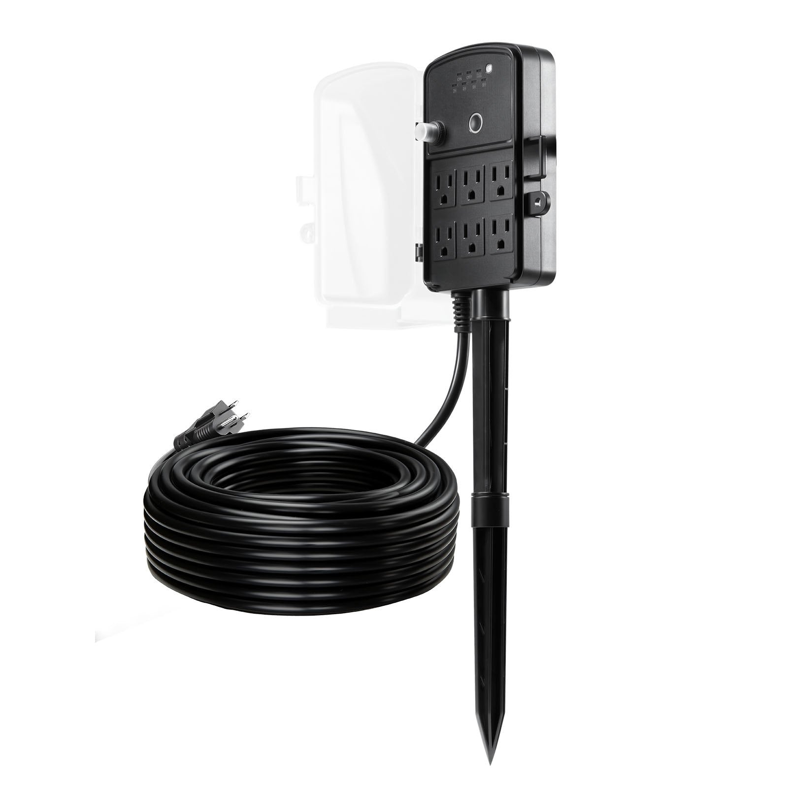 Outdoor Power Stake with 100FT Extension Cord, Weatherproof Strip & Remote Timer, 6 Outlets, 1625W for Christmas Lights & Garden Use