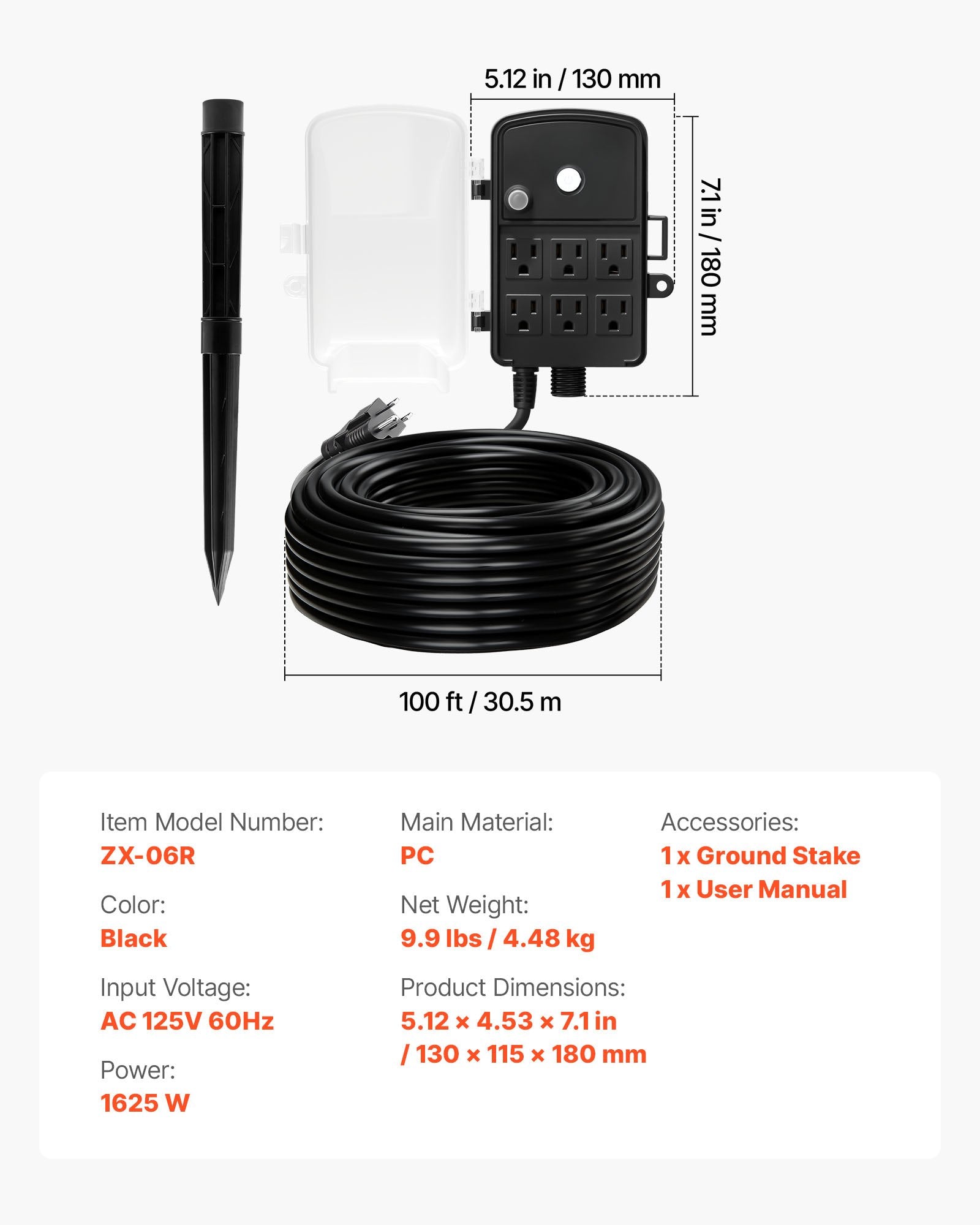 Outdoor Weatherproof Power Stake with 100 FT Extension Cord, 6 Multi-Outlets, Overload Protection for Christmas Lights and Yard Decor