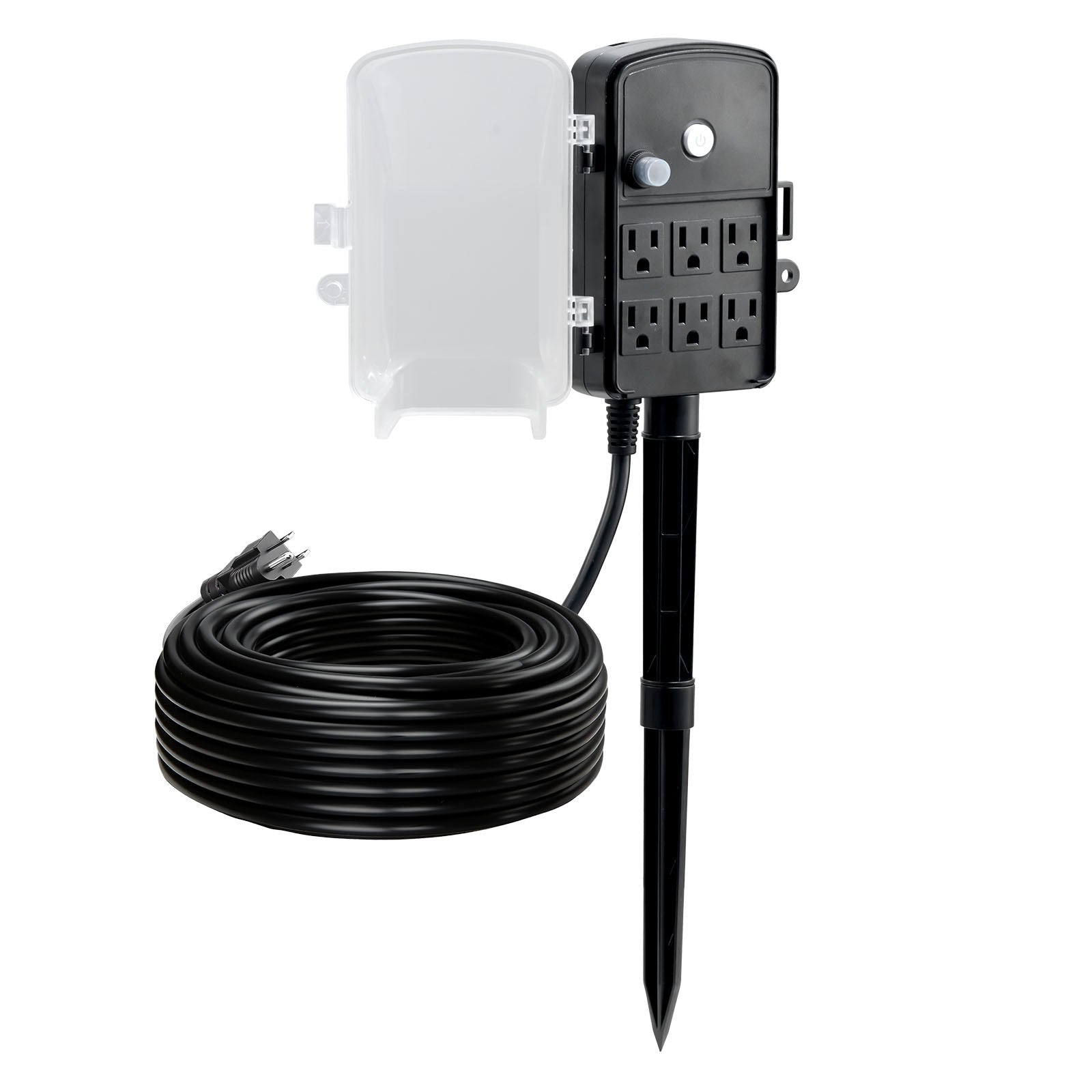 Outdoor Weatherproof Power Stake with 100 FT Extension Cord, 6 Multi-Outlets, Overload Protection for Christmas Lights and Yard Decor