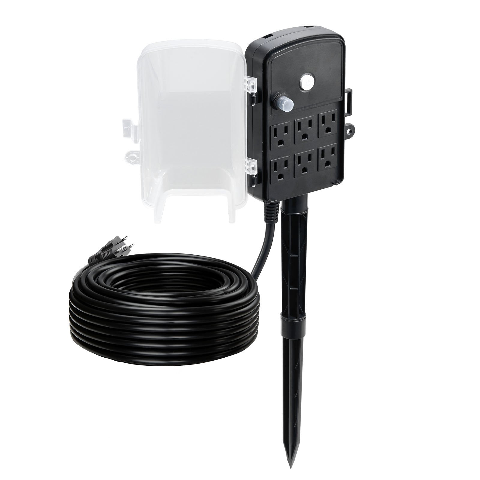 Outdoor Weatherproof Power Stake with 100 FT Extension Cord, 6 Multi-Outlets, Overload Protection for Christmas Lights and Yard Decor
