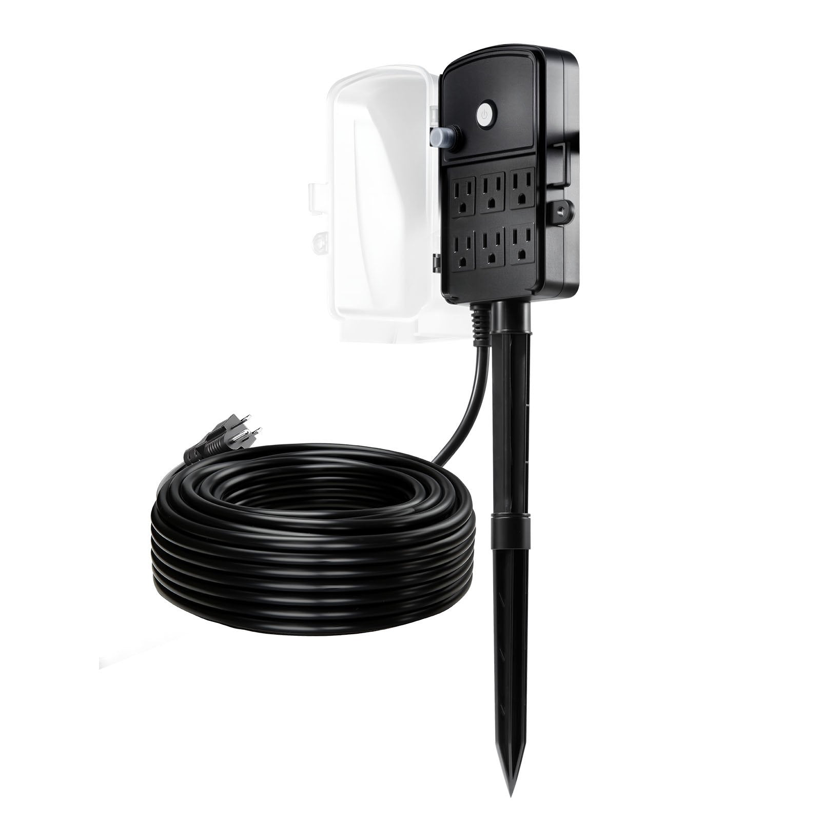 Outdoor Weatherproof Power Stake with 100 FT Extension Cord, 6 Multi-Outlets, Overload Protection for Christmas Lights and Yard Decor