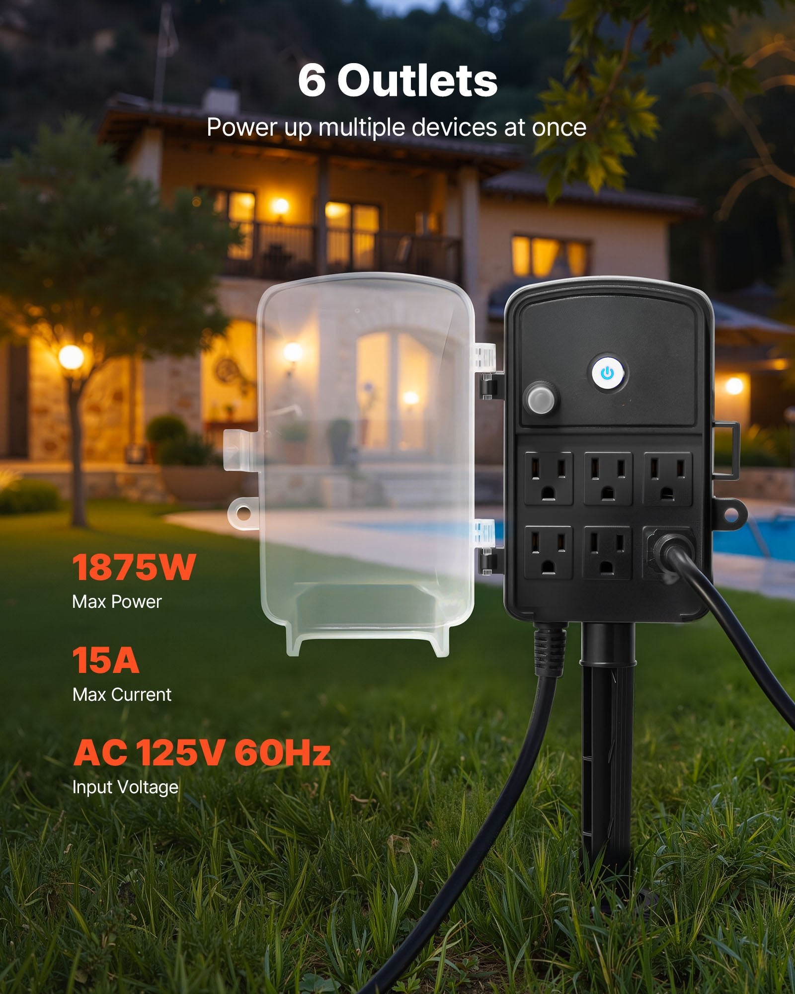 Outdoor Yard Power Stake with 15 FT Extension Cord, Weatherproof Multi-Outlet Strip, 6 Safe Outlets, Overload Protection for Holiday Lighting