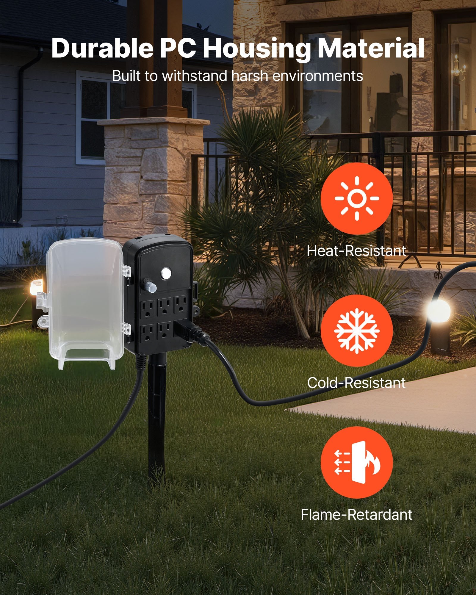Outdoor Yard Power Stake with 15 FT Extension Cord, Weatherproof Multi-Outlet Strip, 6 Safe Outlets, Overload Protection for Holiday Lighting