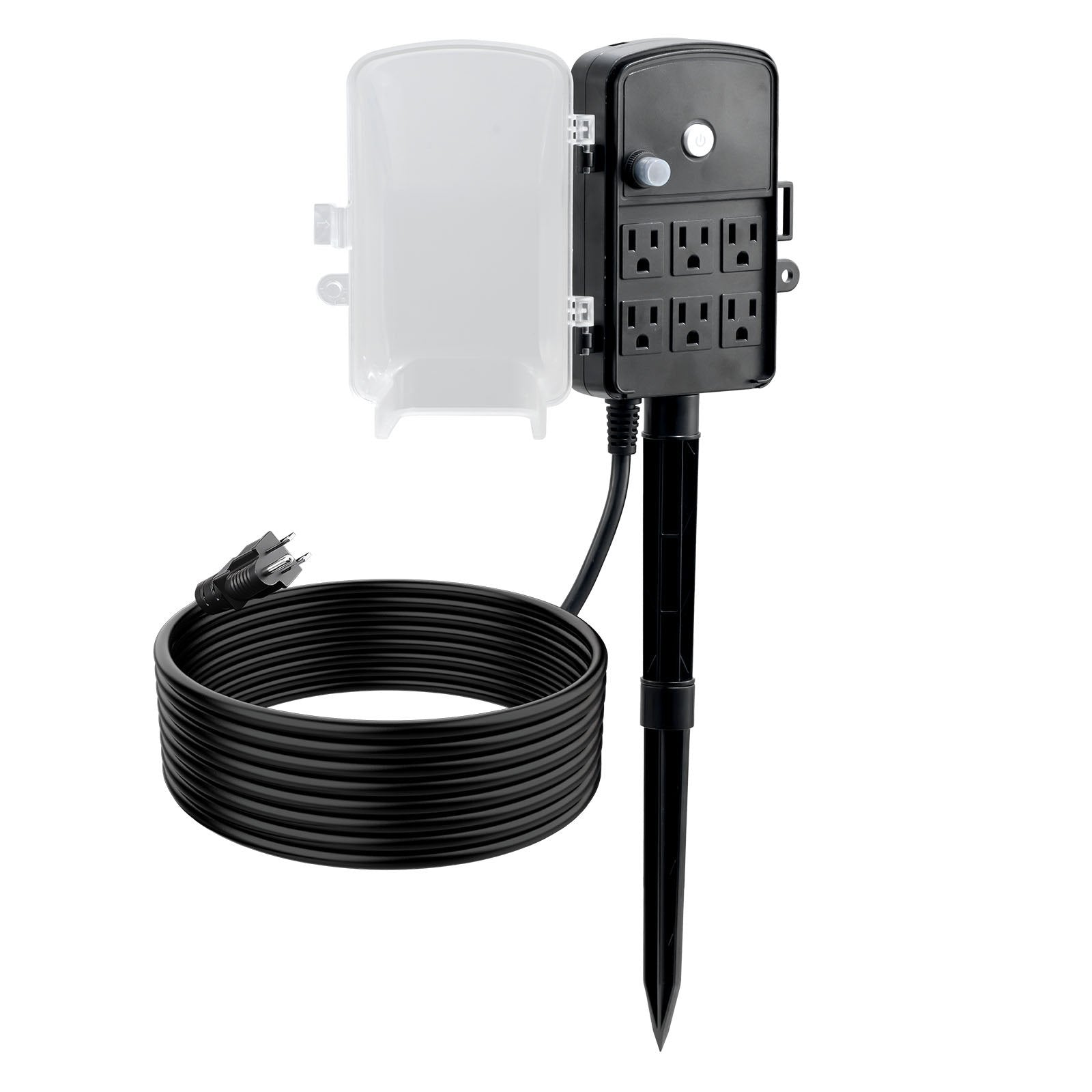 Outdoor Yard Power Stake with 15 FT Extension Cord, Weatherproof Multi-Outlet Strip, 6 Safe Outlets, Overload Protection for Holiday Lighting