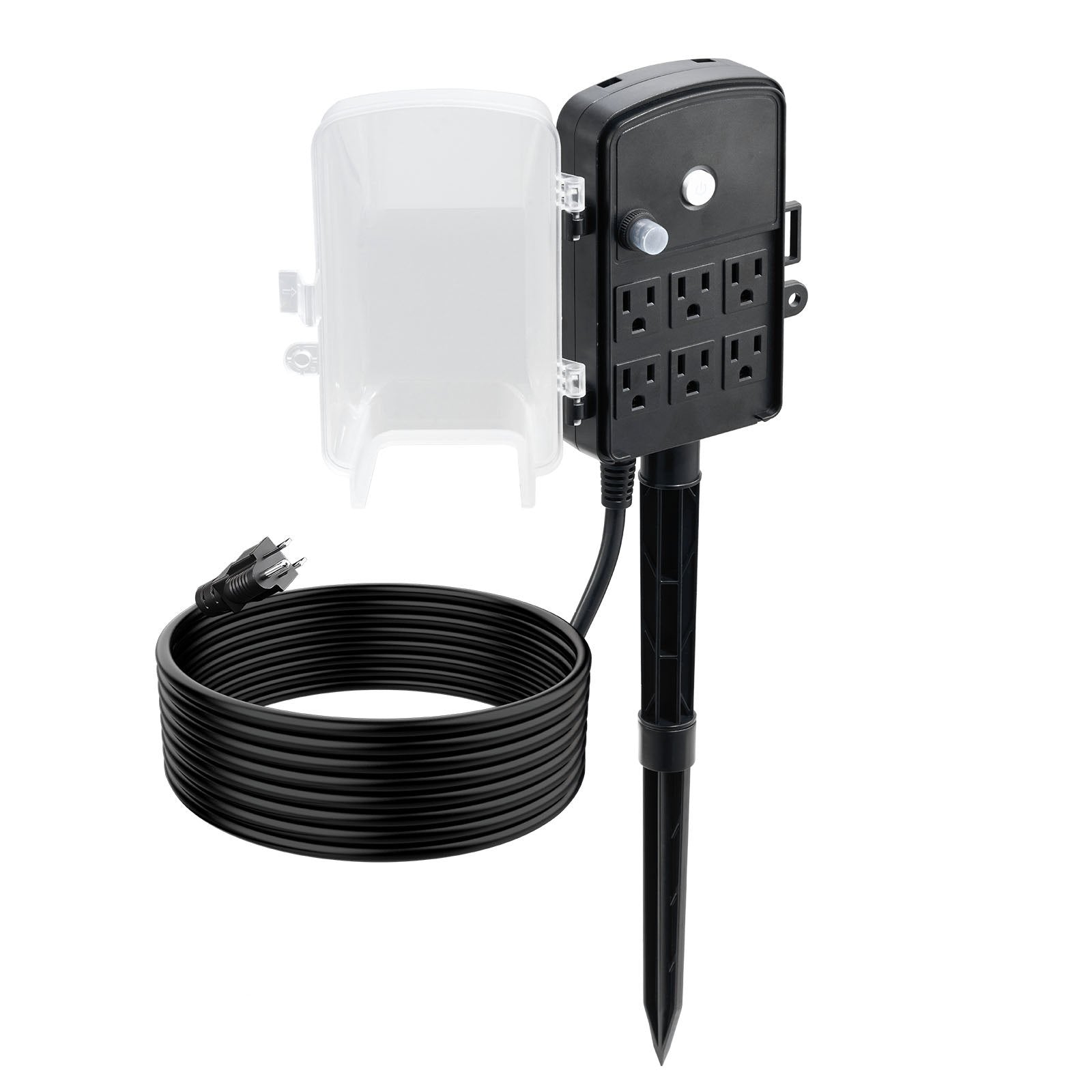Outdoor Yard Power Stake with 15 FT Extension Cord, Weatherproof Multi-Outlet Strip, 6 Safe Outlets, Overload Protection for Holiday Lighting