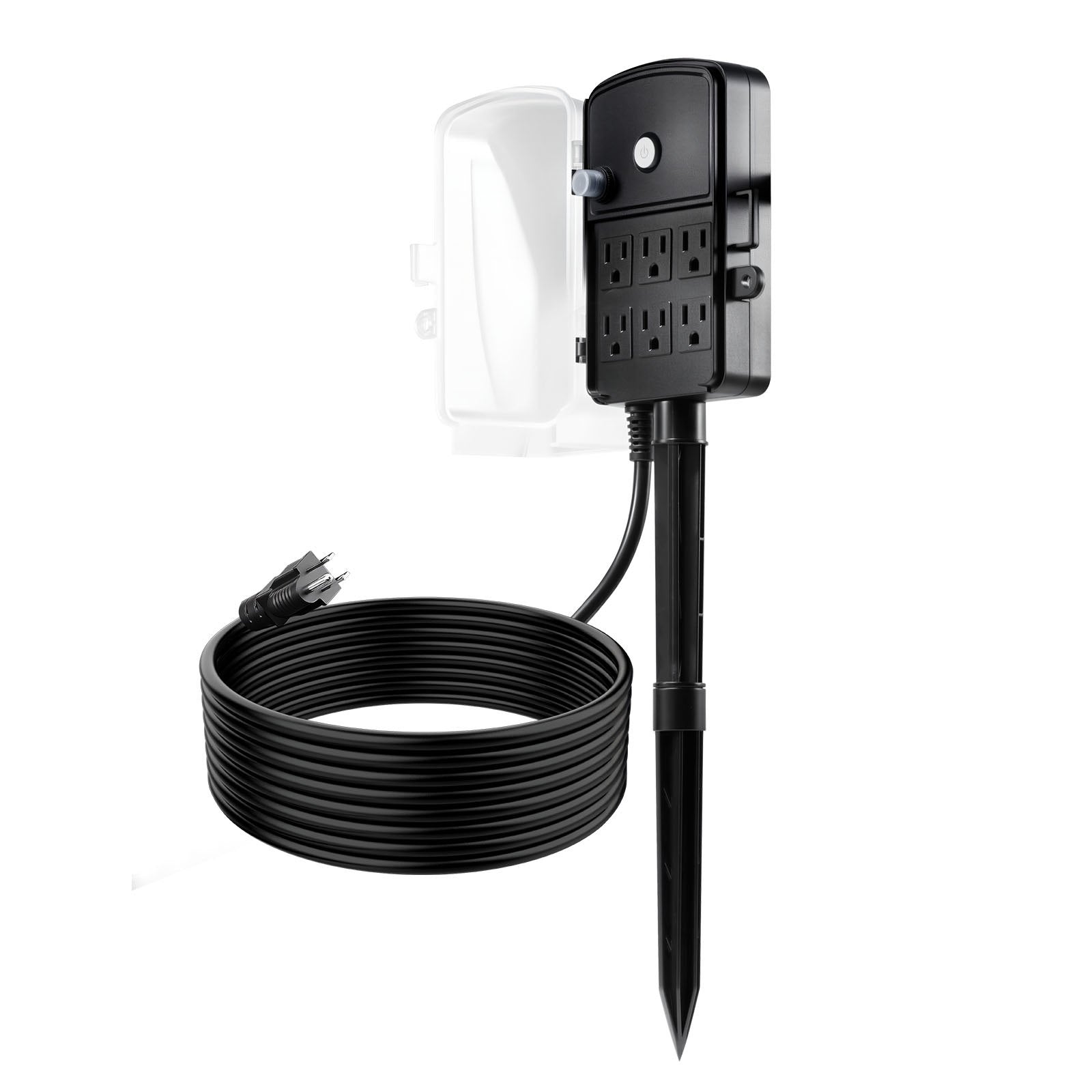 Outdoor Yard Power Stake with 15 FT Extension Cord, Weatherproof Multi-Outlet Strip, 6 Safe Outlets, Overload Protection for Holiday Lighting