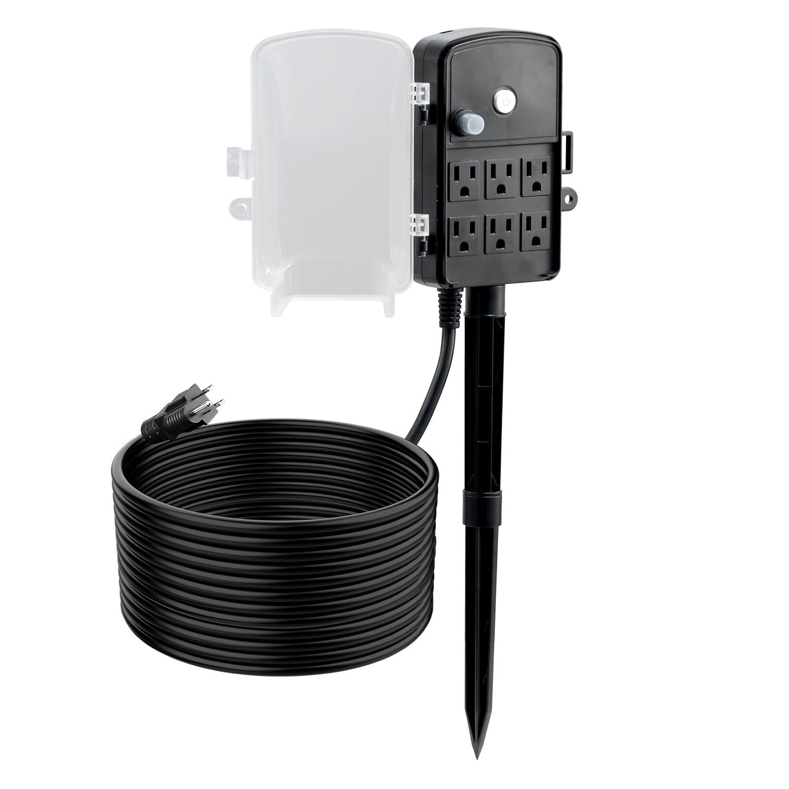 Heavy-Duty Outdoor Power Stake with 25 FT Extension Cord, Weatherproof Multi-Outlet Strip, 6 Outlets, 15A/1875W, Ideal for Holiday Lighting and Garden Tools