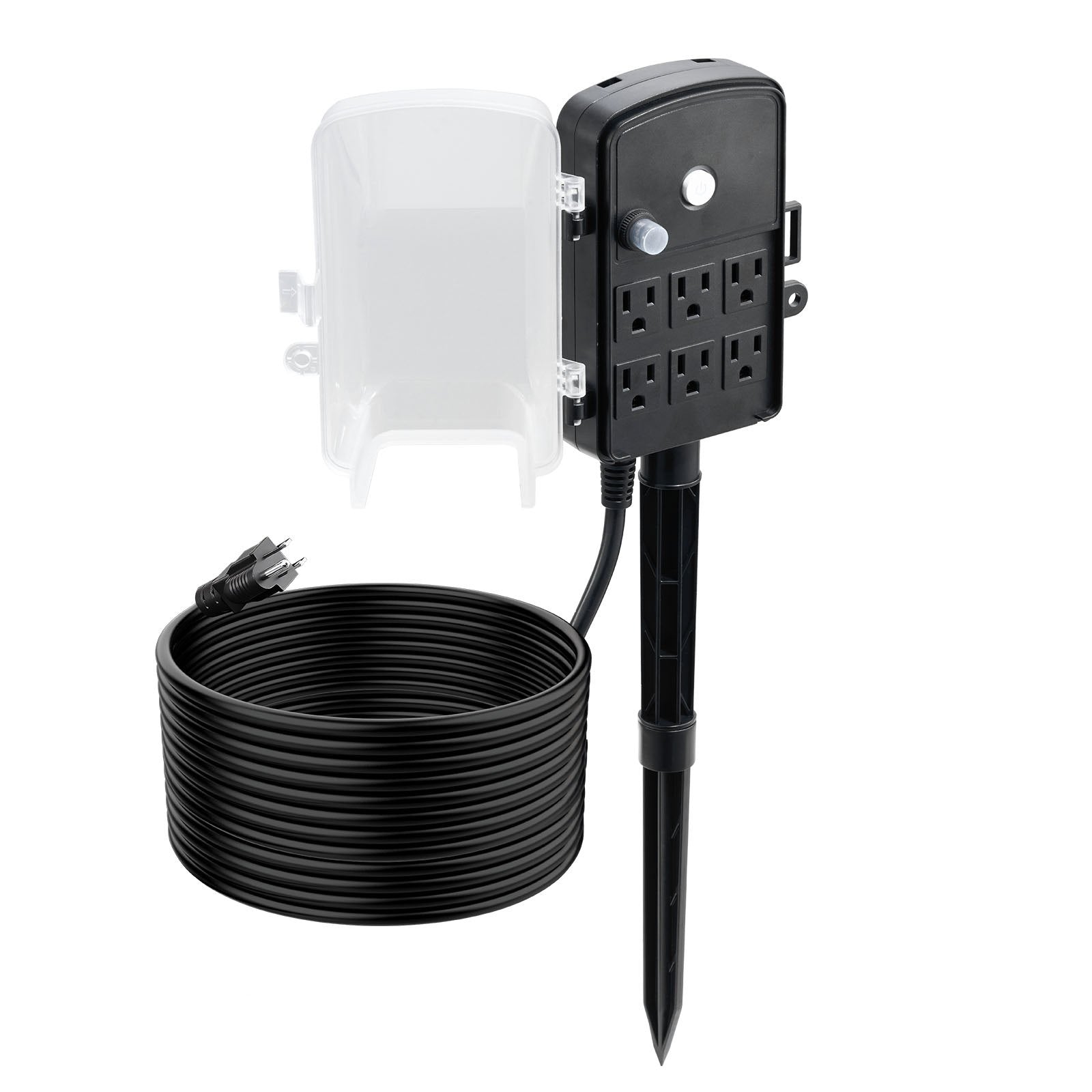 Heavy-Duty Outdoor Power Stake with 25 FT Extension Cord, Weatherproof Multi-Outlet Strip, 6 Outlets, 15A/1875W, Ideal for Holiday Lighting and Garden Tools