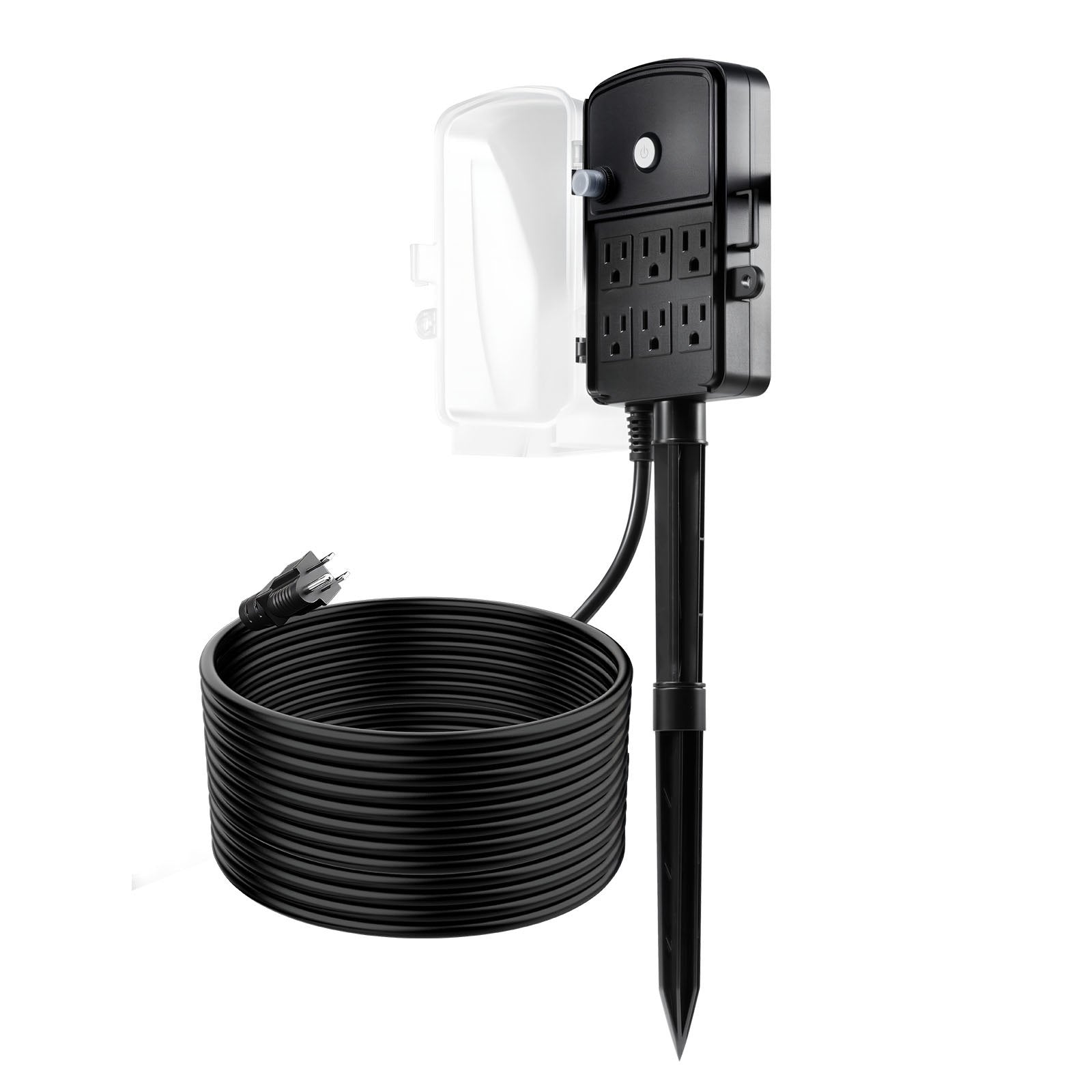 Heavy-Duty Outdoor Power Stake with 25 FT Extension Cord, Weatherproof Multi-Outlet Strip, 6 Outlets, 15A/1875W, Ideal for Holiday Lighting and Garden Tools