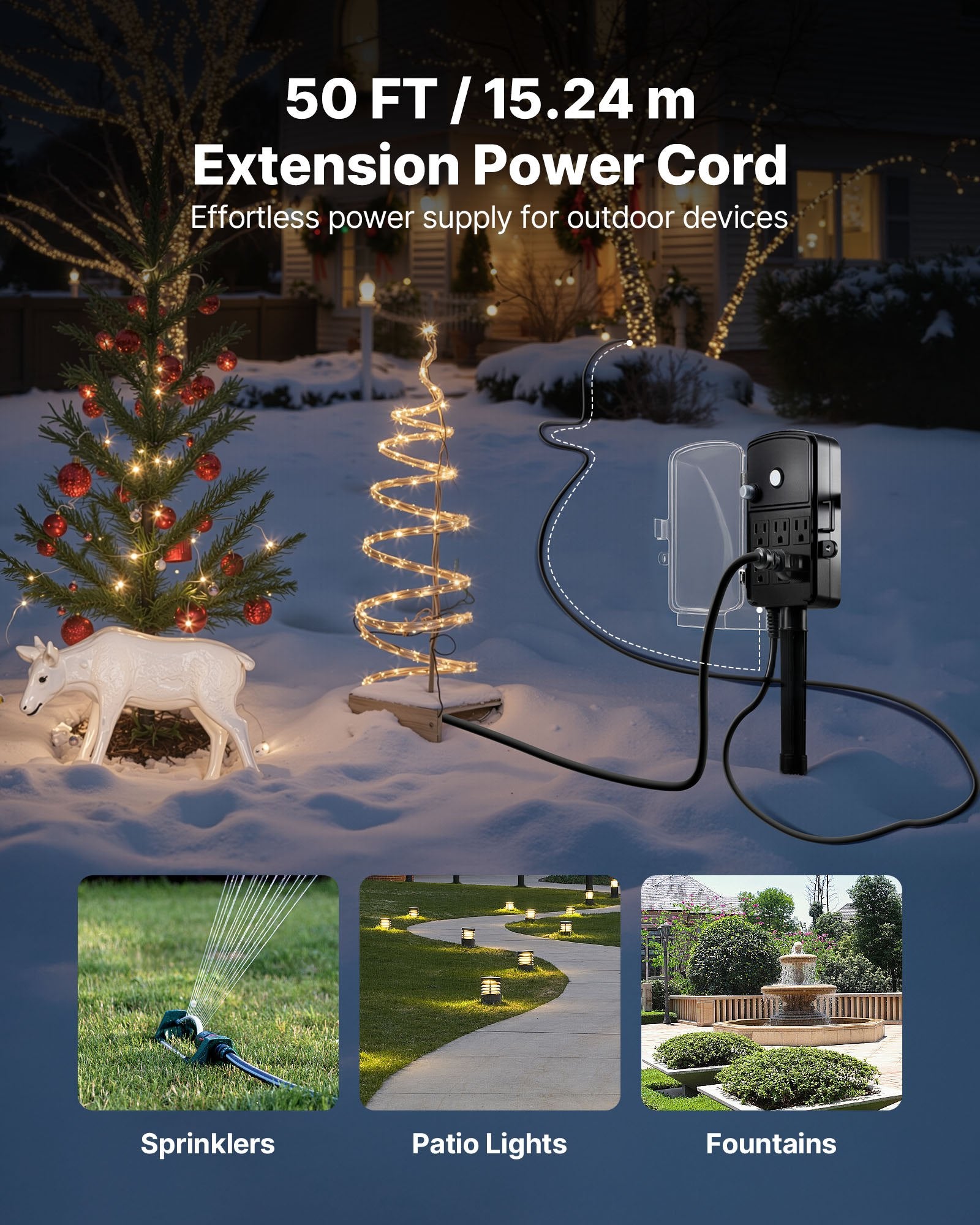 Heavy-Duty Outdoor Power Stake with 50 FT Extension Cord, 6-Outlet Weatherproof Strip, Overload Protection for Christmas Lights and Garden Tools