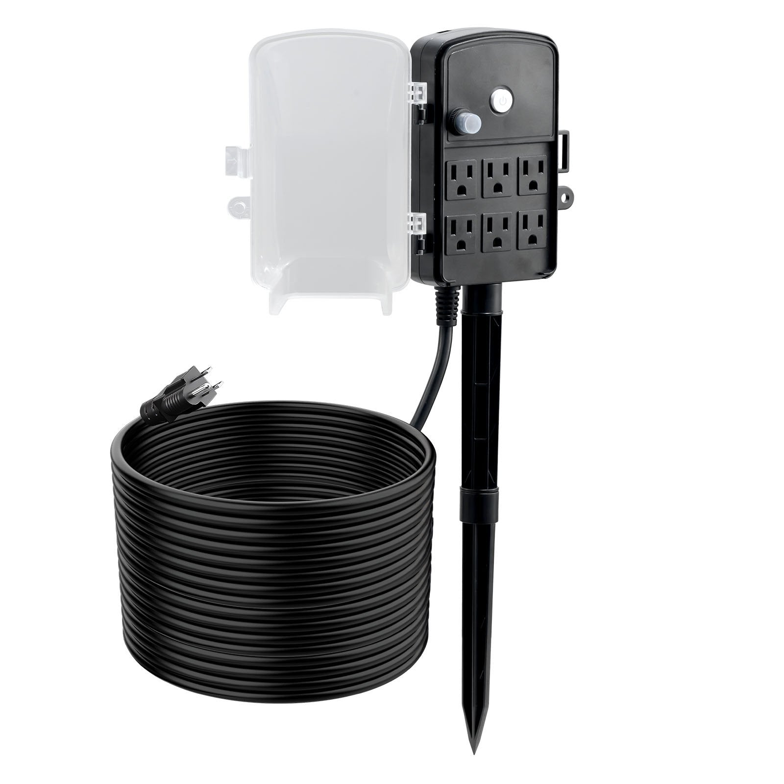 Heavy-Duty Outdoor Power Stake with 50 FT Extension Cord, 6-Outlet Weatherproof Strip, Overload Protection for Christmas Lights and Garden Tools