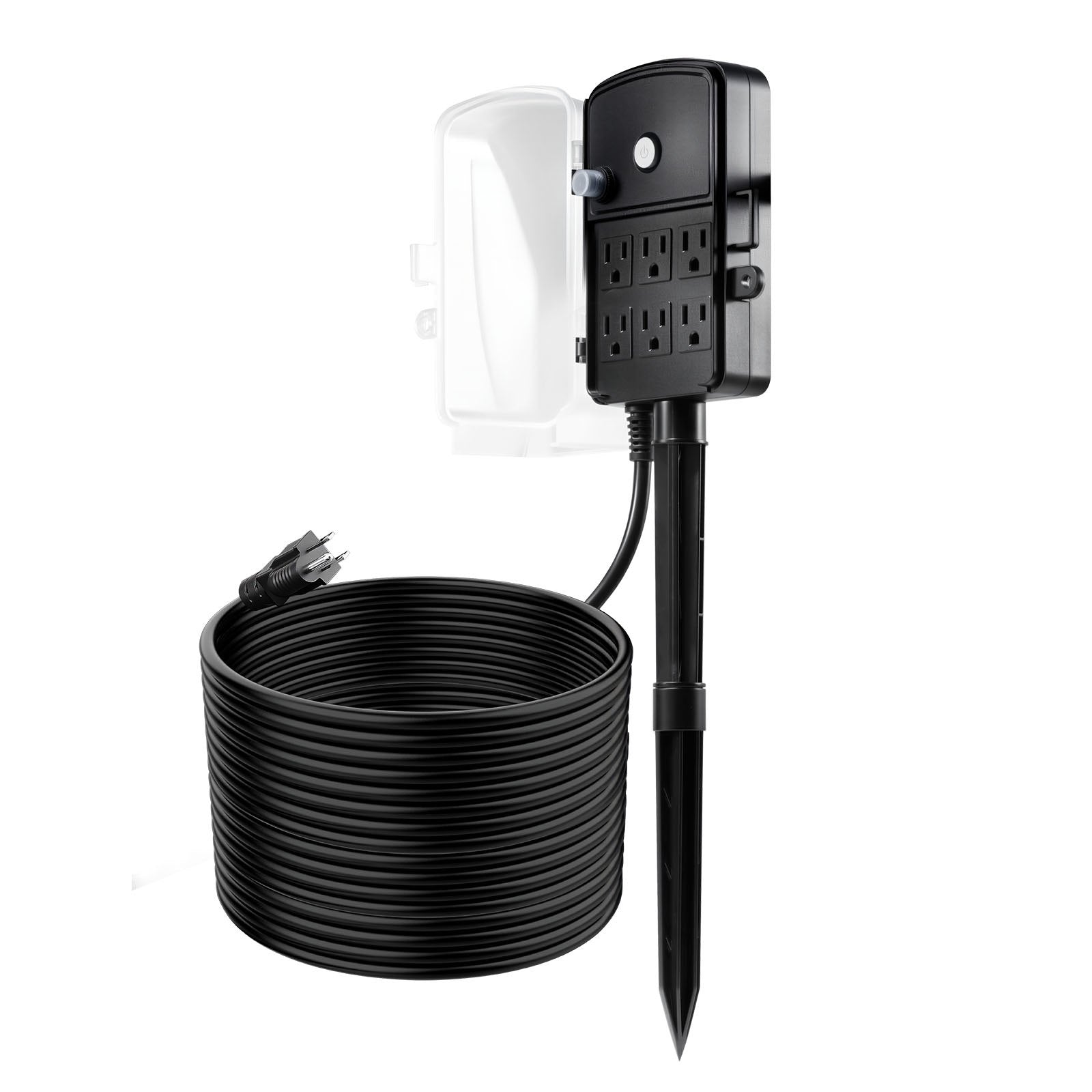 Heavy-Duty Outdoor Power Stake with 50 FT Extension Cord, 6-Outlet Weatherproof Strip, Overload Protection for Christmas Lights and Garden Tools