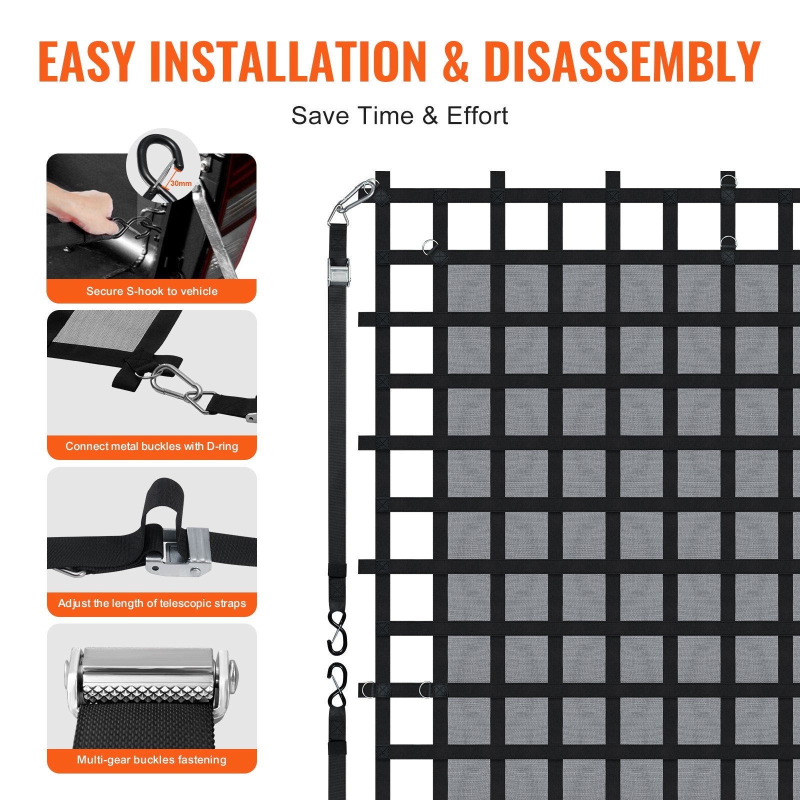 Heavy Duty 120"x105" Cargo Net for Truck Bed with Adjustable Straps, Carabiners & S-Hooks - Weatherproof for SUV, Jeep, Boat, Load Securement