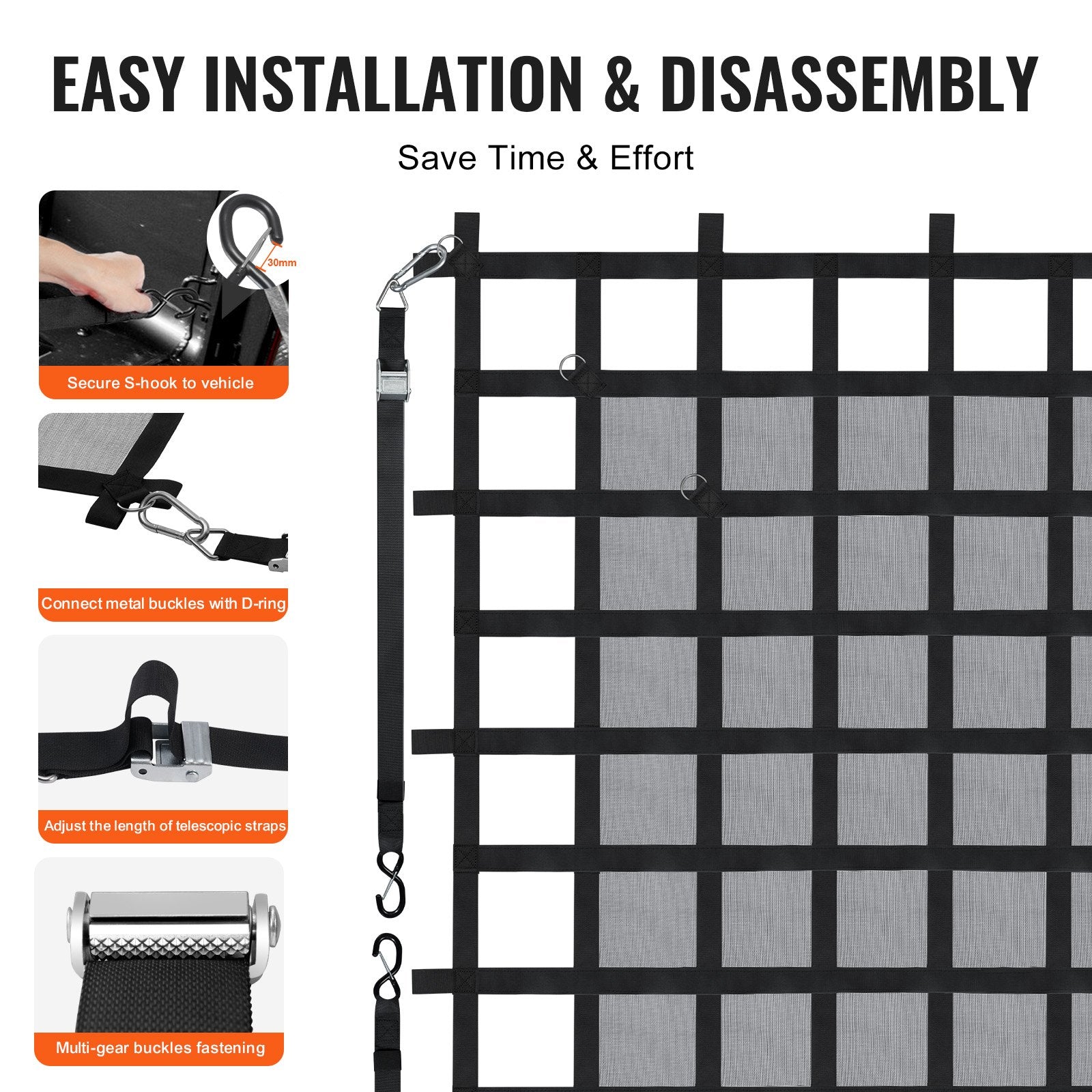 Heavy Duty 72"x57" Cargo Net for Trucks, SUVs & Boats - Adjustable Straps, Carabiners & S-Hooks, Weatherproof & Wear-Resistant, 1500 lbs Capacity