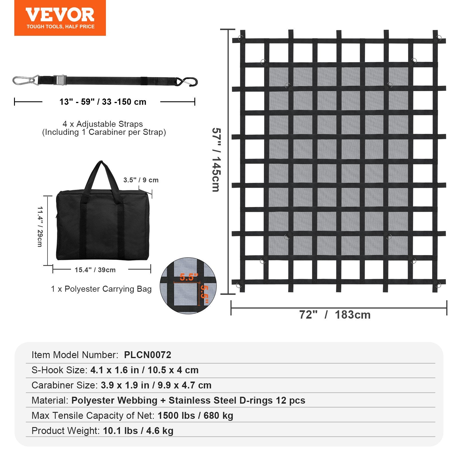 Heavy Duty 72"x57" Cargo Net for Trucks, SUVs & Boats - Adjustable Straps, Carabiners & S-Hooks, Weatherproof & Wear-Resistant, 1500 lbs Capacity