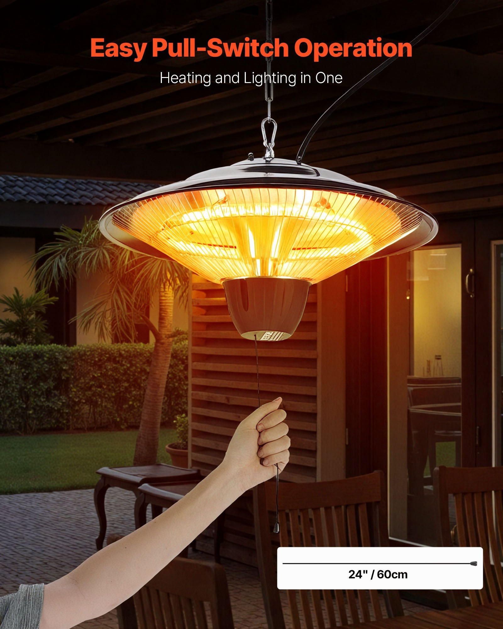 Efficient 1500W Hanging Infrared Patio Heater with IP34 Protection, Adjustable Chain & Quiet Operation for Indoor/Outdoor Use