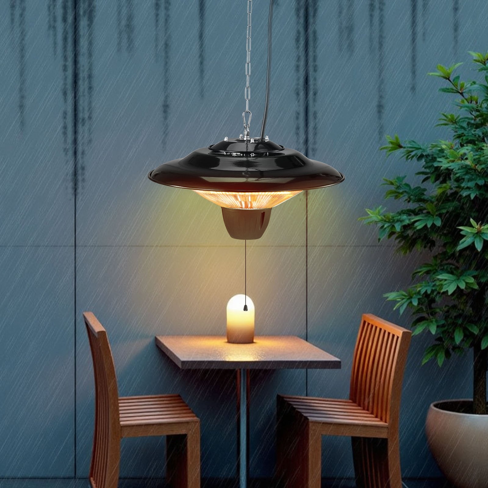 Efficient 1500W Hanging Infrared Patio Heater with IP34 Protection, Adjustable Chain & Quiet Operation for Indoor/Outdoor Use