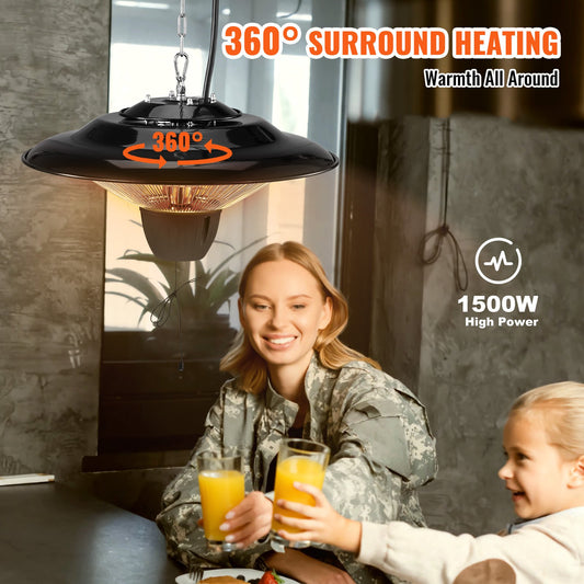 Powerful 1500W Hanging Patio Heater with IP34 Protection, Infrared Heating, Adjustable Chain & Pull Cord for Indoor/Outdoor Use