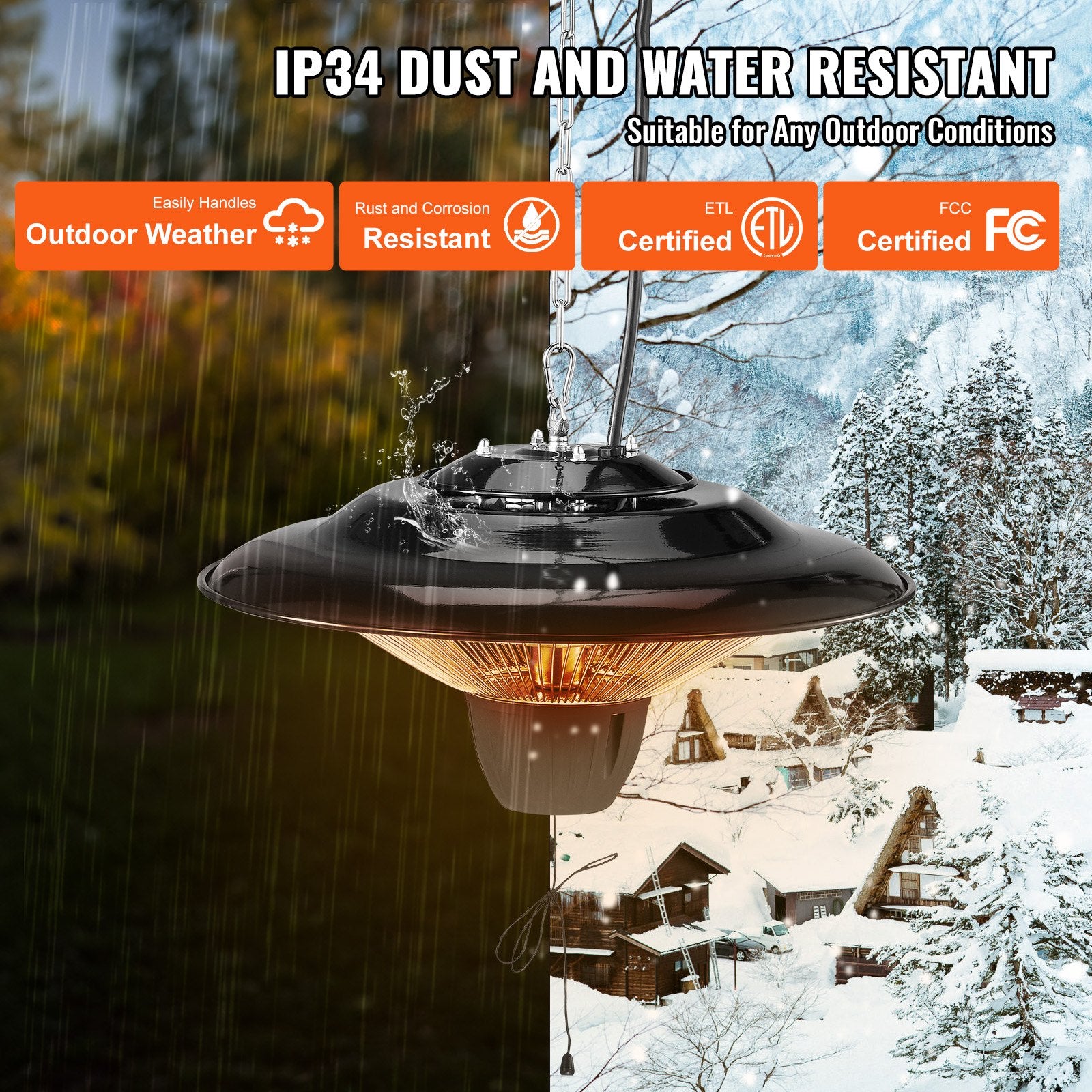 Powerful 1500W Hanging Patio Heater with IP34 Protection, Infrared Heating, Adjustable Chain & Pull Cord for Indoor/Outdoor Use