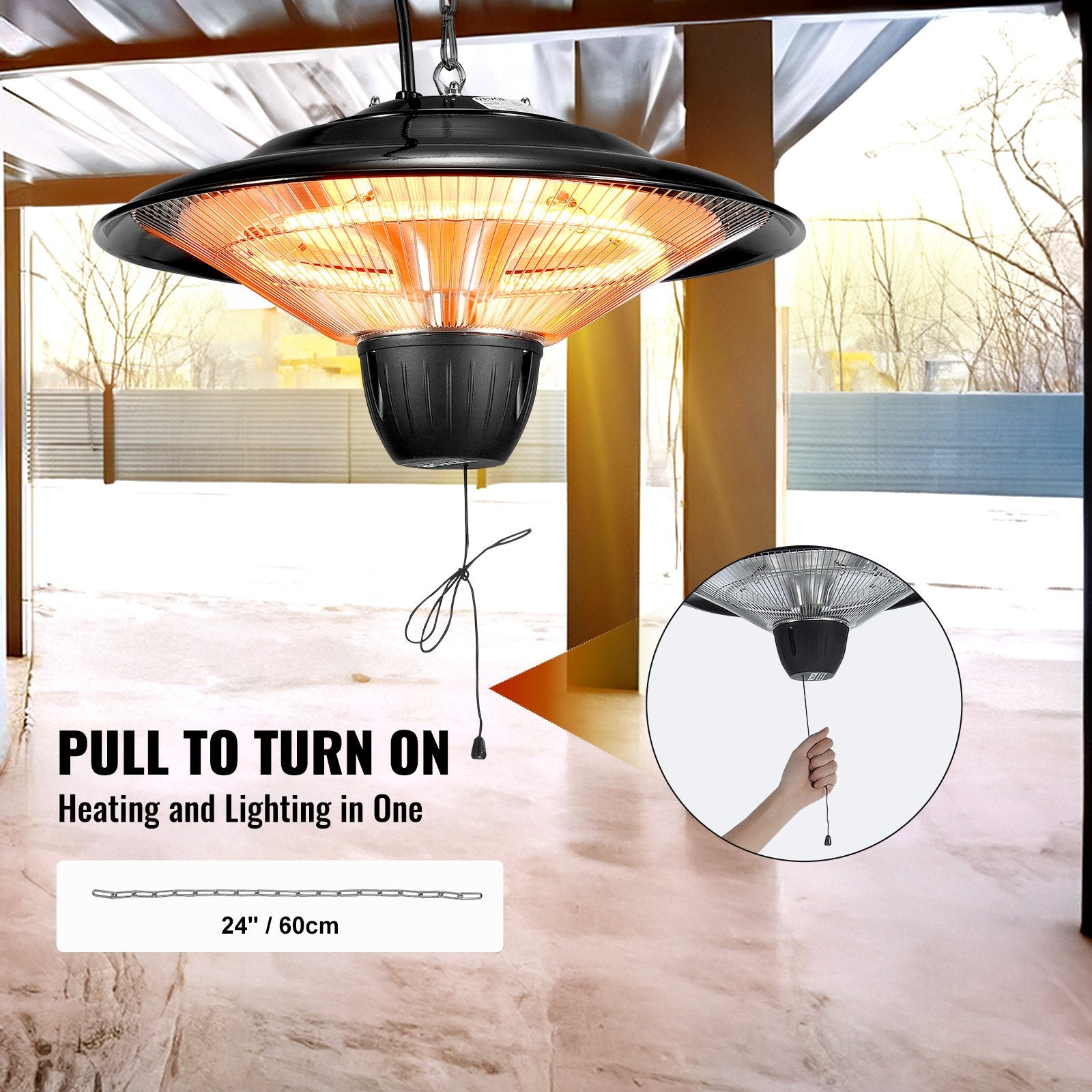 Powerful 1500W Hanging Patio Heater with IP34 Protection, Infrared Heating, Adjustable Chain & Pull Cord for Indoor/Outdoor Use