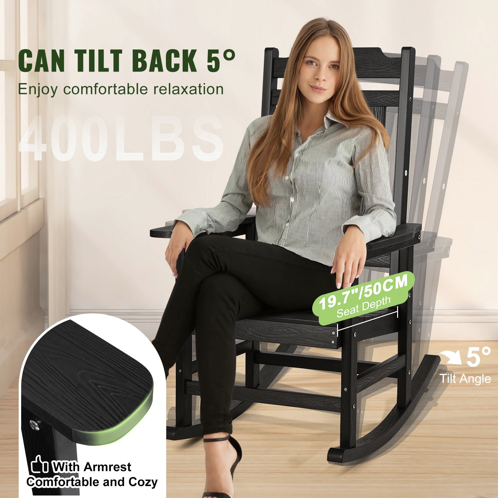 Elegant Black Porch Rocker, High Back HIPS Outdoor Chair with Smooth Armrests, 400 lbs Capacity for Garden, Patio, Balcony Relaxation