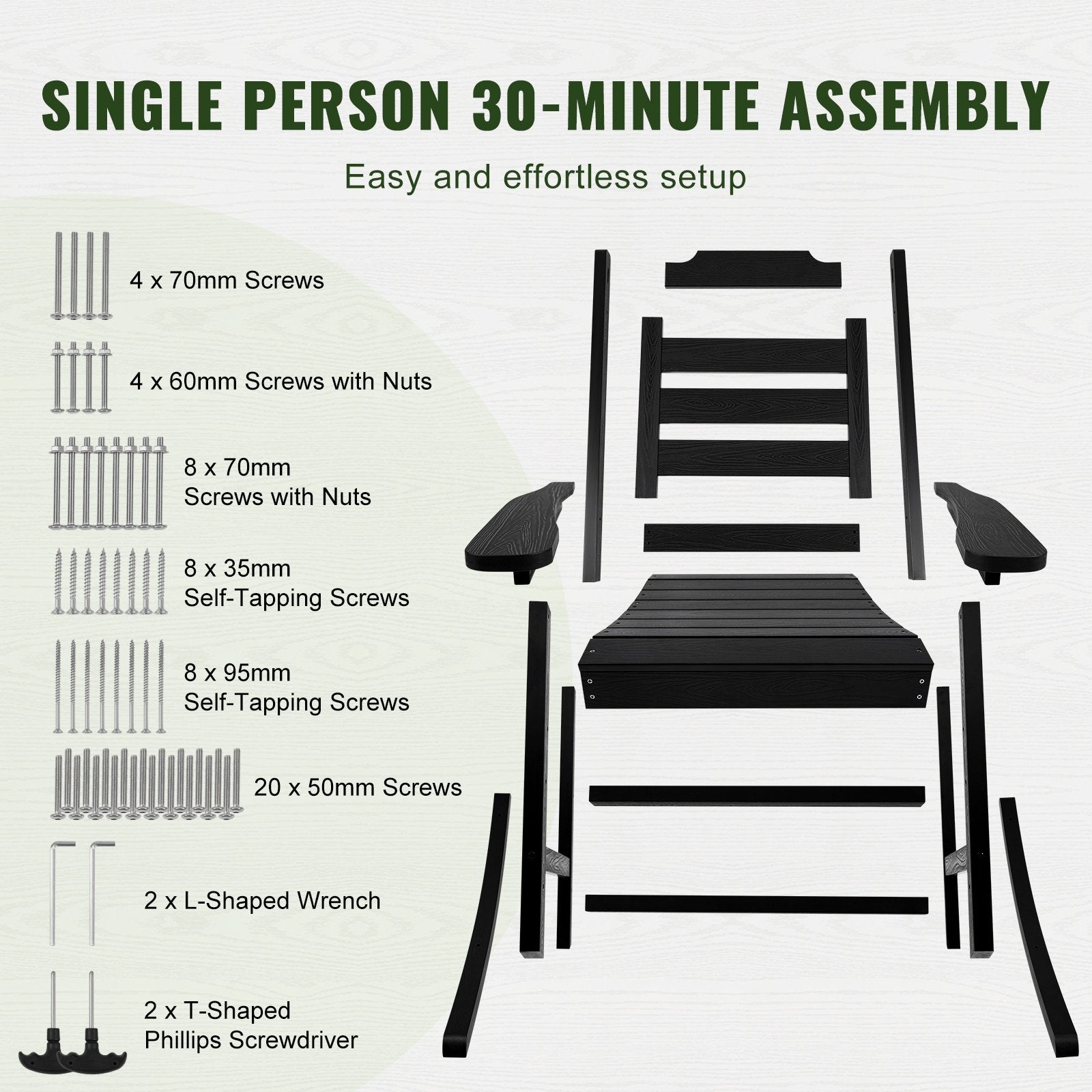2-Piece Black Porch Rocker Set, HIPS High-Back Outdoor Rocking Chairs with Smooth Armrests, 400 lbs Capacity, Ideal for Garden, Balcony, Patio Relaxation
