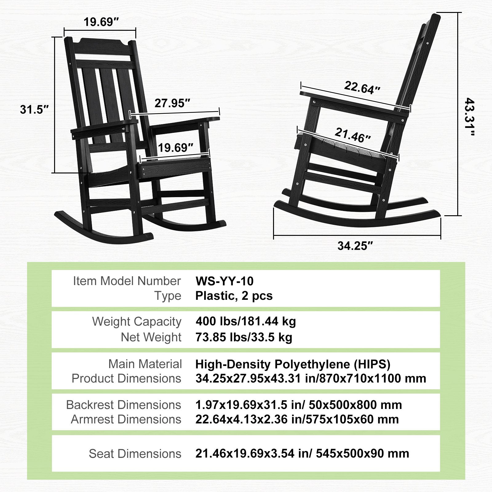 2-Piece Black Porch Rocker Set, HIPS High-Back Outdoor Rocking Chairs with Smooth Armrests, 400 lbs Capacity, Ideal for Garden, Balcony, Patio Relaxation