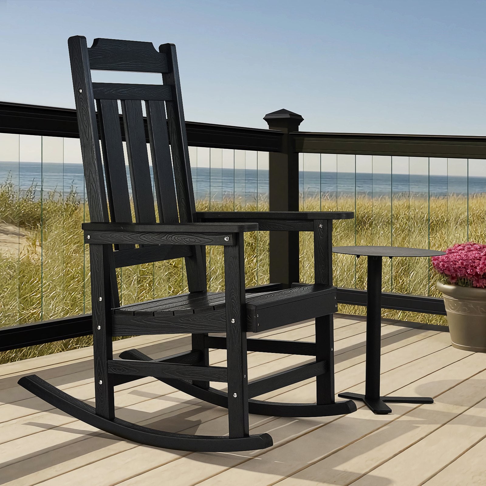 2-Piece Black Porch Rocker Set, HIPS High-Back Outdoor Rocking Chairs with Smooth Armrests, 400 lbs Capacity, Ideal for Garden, Balcony, Patio Relaxation