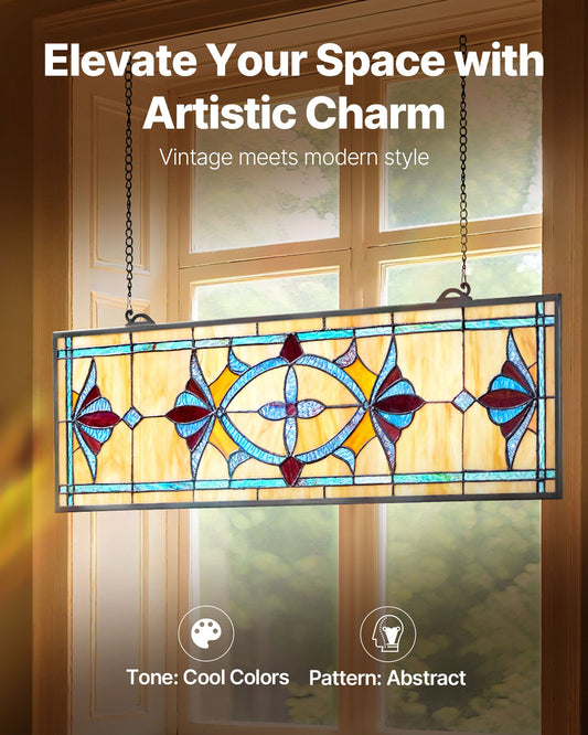 Vintage Tiffany Style Stained Glass Window Panel, 32x10 in - Decorative Hanging Transom Art for Home & Kitchen, Durable & Easy to Clean