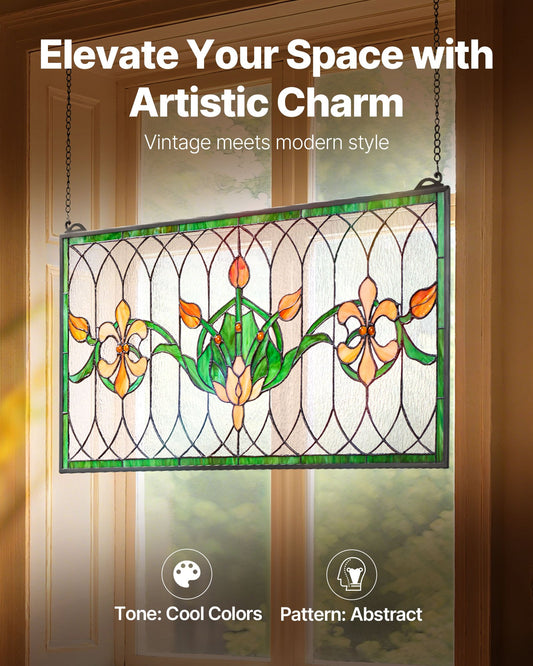 Elegant Tiffany Style Stained Glass Window Panel, 32"x17" Rectangle with Chain, Vintage Art Decor for Kitchen & Home, Durable & Vibrant