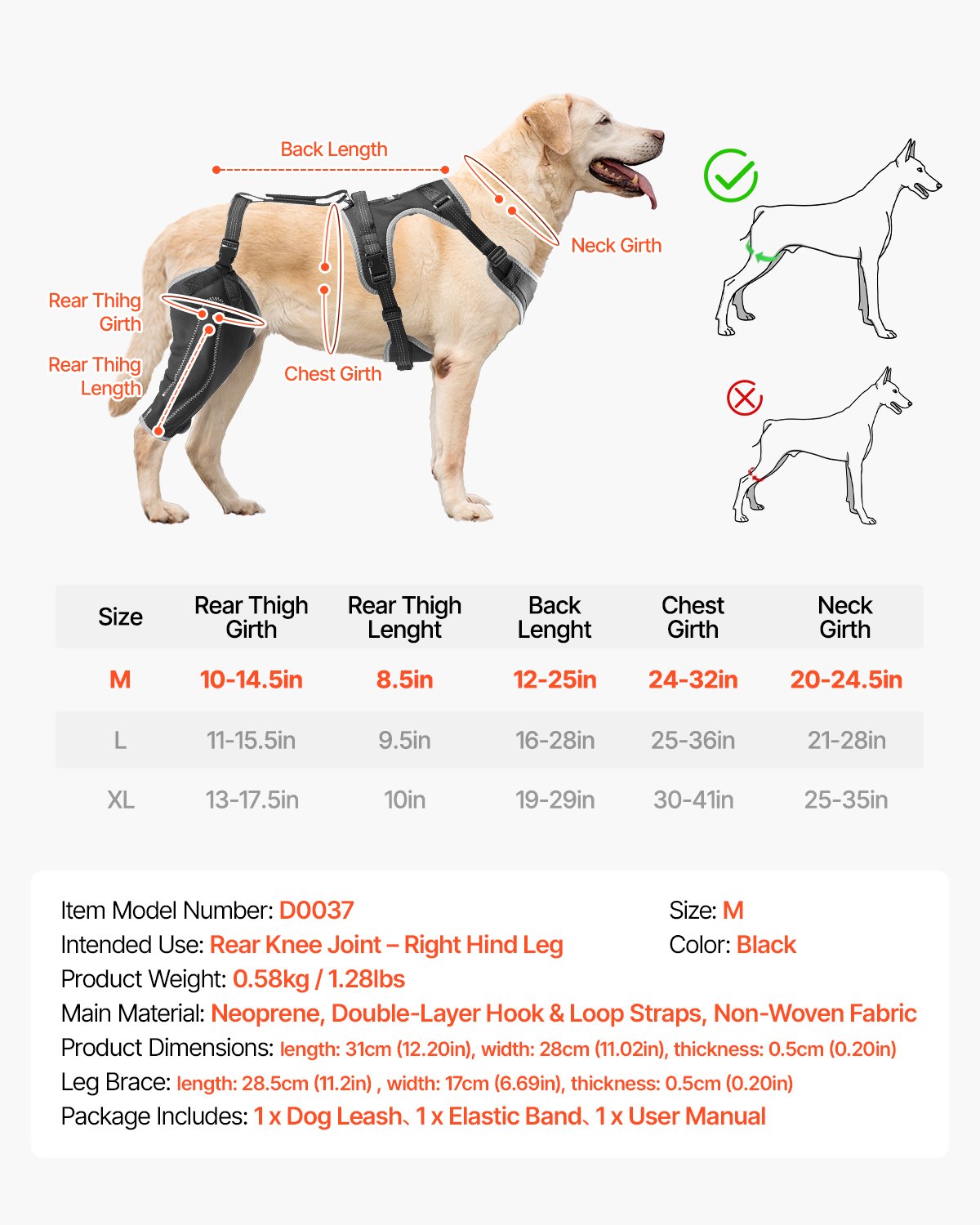 Adjustable Dog Knee Brace for ACL Tear with Hinge Stabilizer, Reflective Joint Support for Arthritis and Pain Relief, Right Hind Leg Harness